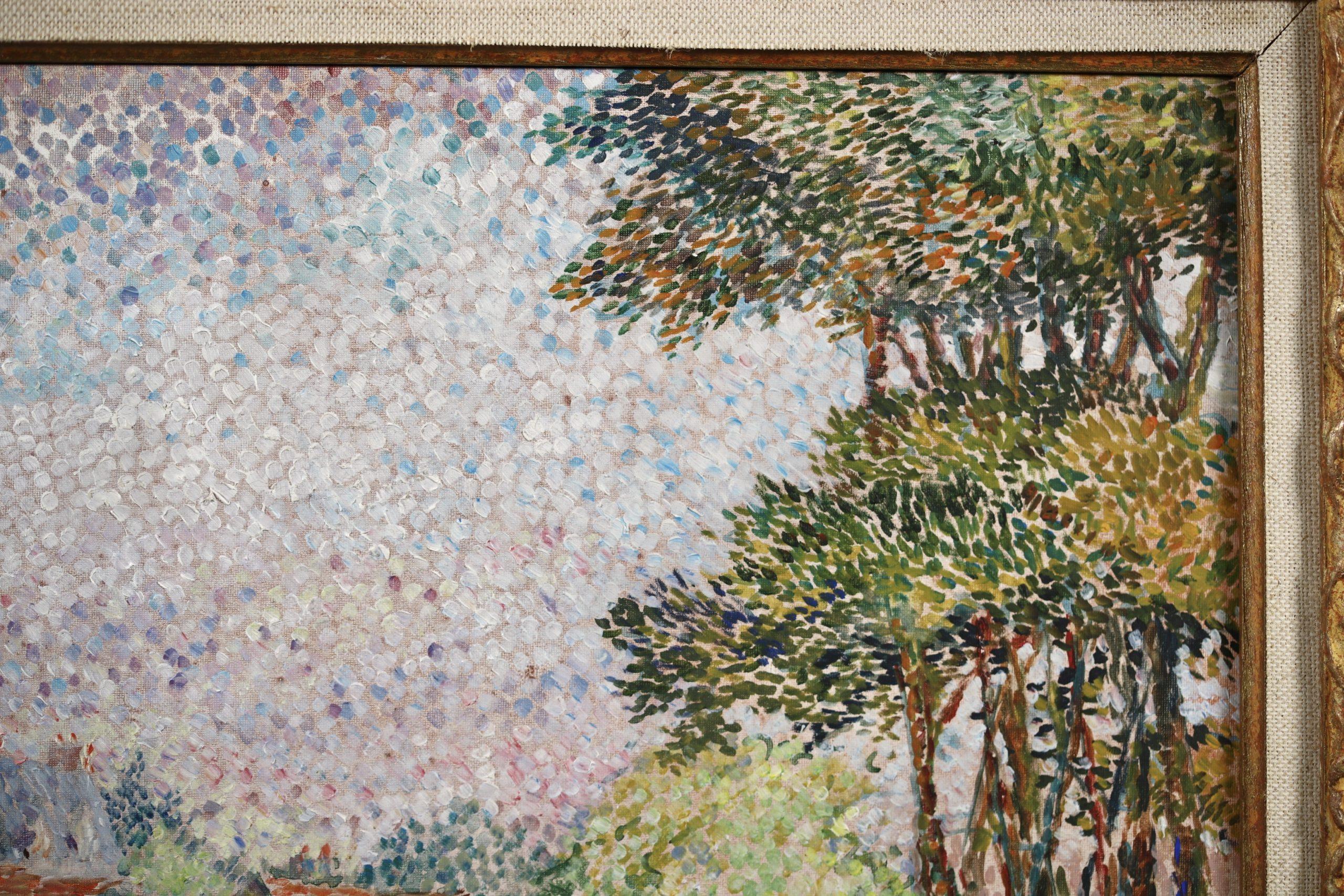 Repos dans un champs de coquelicots - Pointillist Landscape Oil by Yvonne Canu For Sale 5