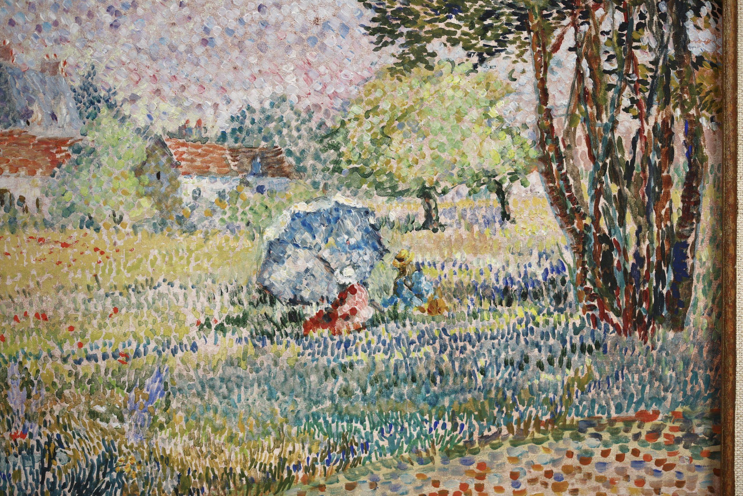 Repos dans un champs de coquelicots - Pointillist Landscape Oil by Yvonne Canu For Sale 6