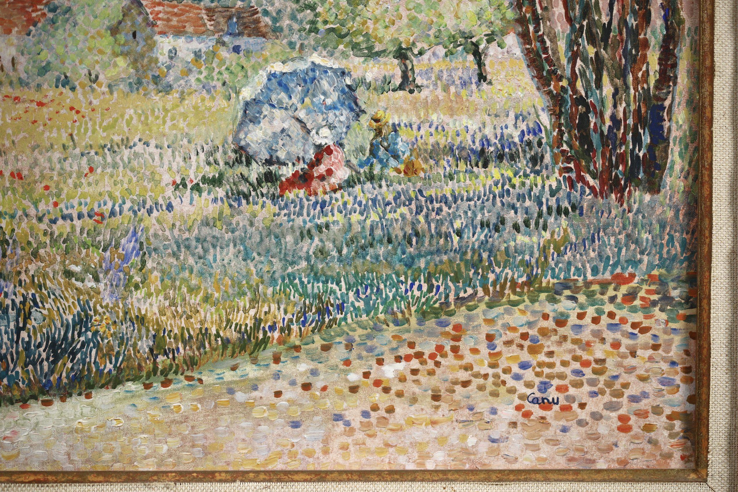 Repos dans un champs de coquelicots - Paisaje puntillista Óleo de Yvonne Canu en venta 7