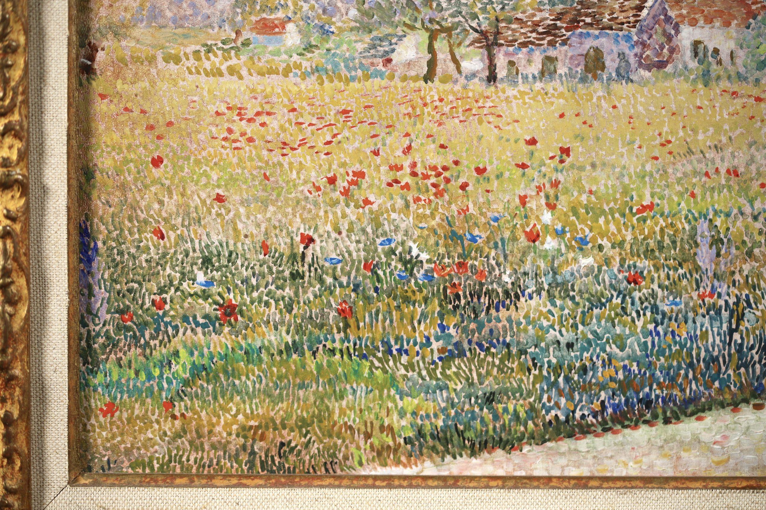 Repos dans un champs de coquelicots - Pointillist Landscape Oil by Yvonne Canu For Sale 8