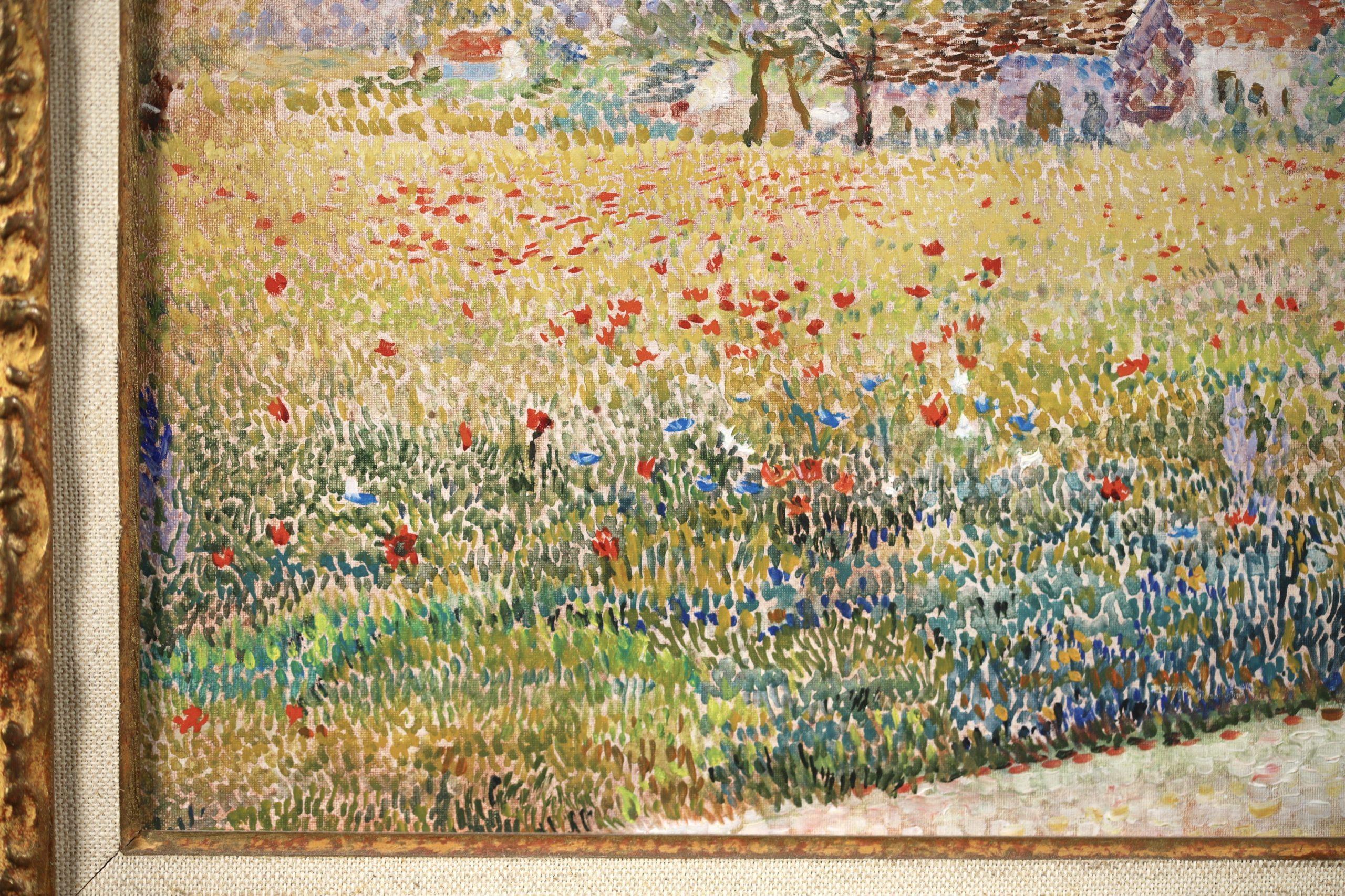 Repos dans un champs de coquelicots - Paisaje puntillista Óleo de Yvonne Canu en venta 8