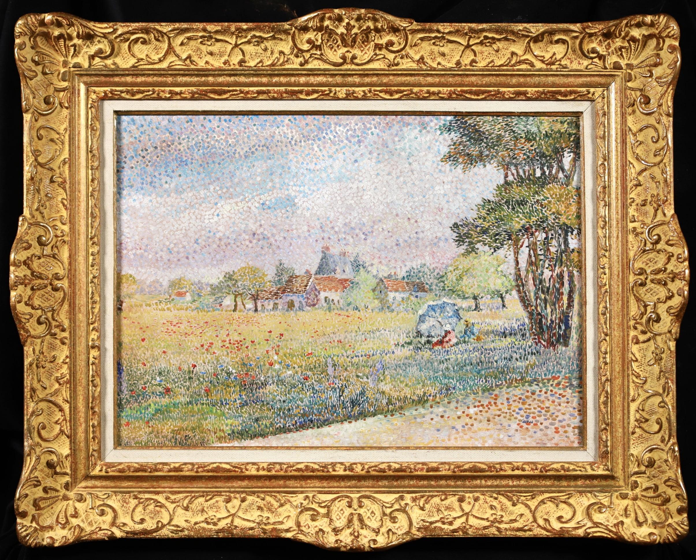Signed pointillist oil on panel figures in landscape by French neo-impressionist painter Yvonne Canu. This stunning piece depicts a couple resting under a parasol in a field of wildflowers on a bright summer's day. The white buildings of the local