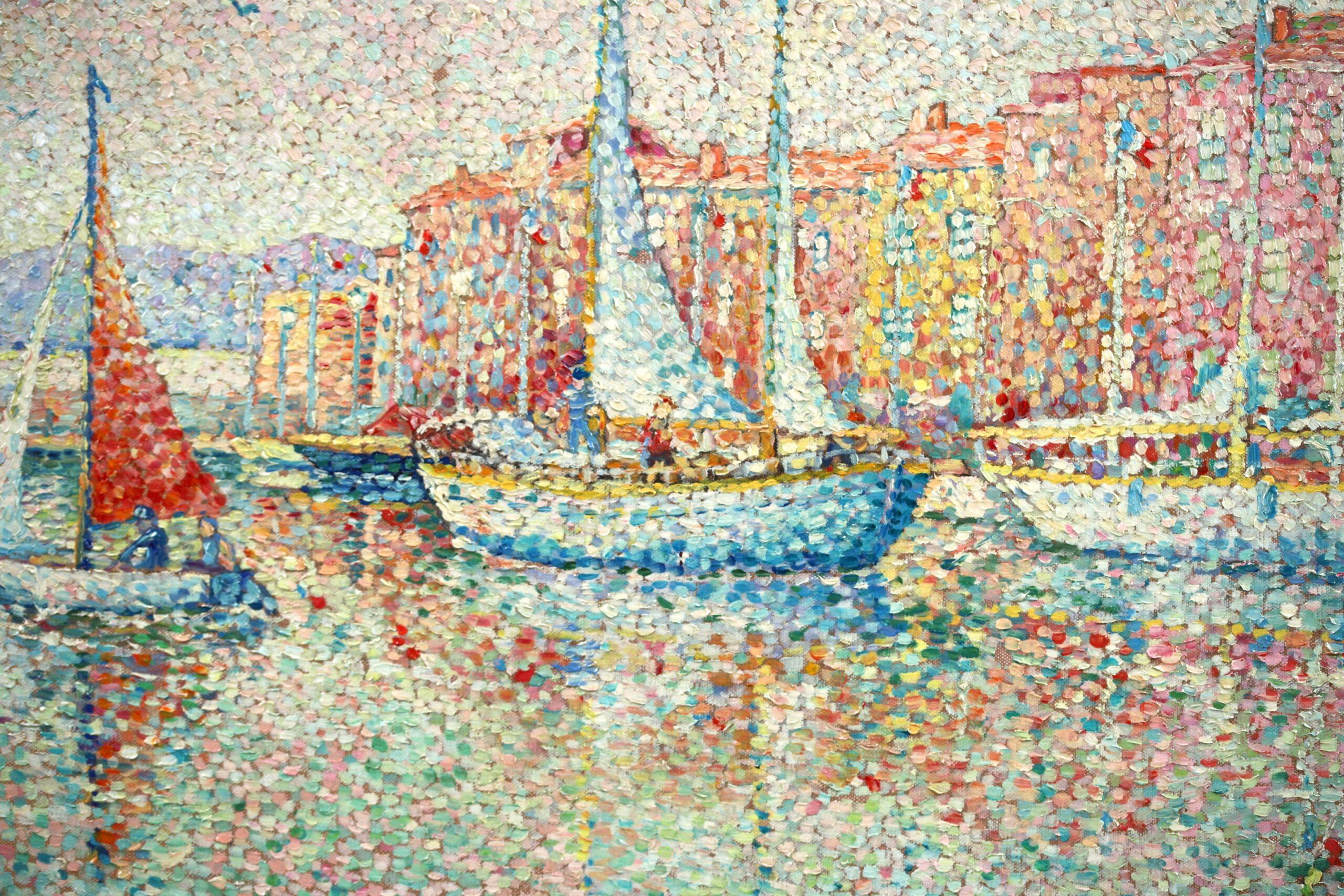 Saint Tropez au soleil couchant - Pointillist Landscape Oil by Yvonne Canu 9