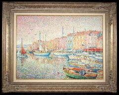 Saint Tropez au soleil couchant - Pointillist Landscape Oil by Yvonne Canu