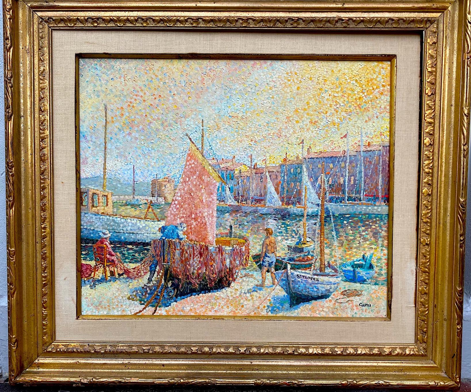 Sailboats in Saint Tropez French Oil Painting - Brown Landscape Painting by Yvonne Canu