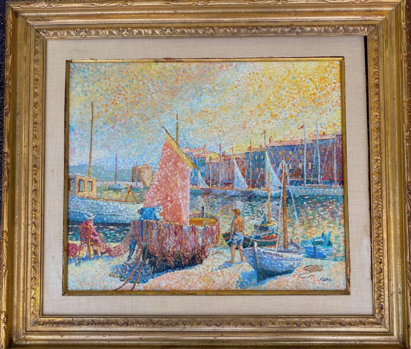 Yvonne Canu Landscape Painting - Sailboats in Saint Tropez French Oil Painting