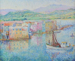 St. Florent Corse Yvonne Canu Peinture à l'huile pointilliste encadrée