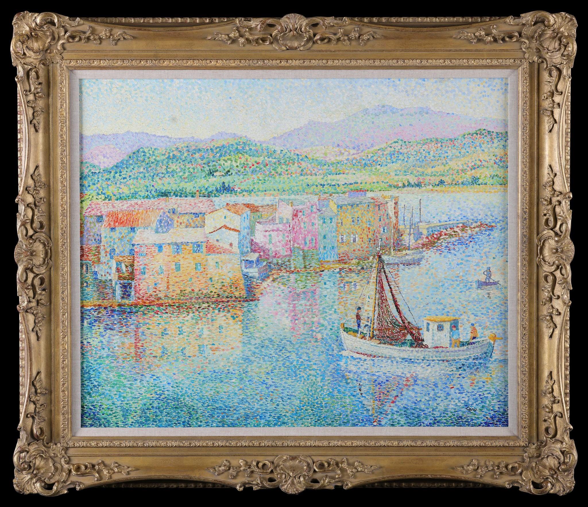 St. Florent Corsica Yvonne Canu A framed Pointillist oil painting