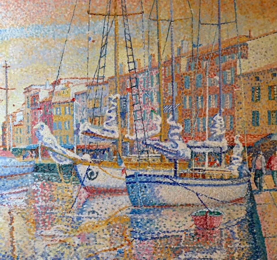 Vue du Port, Saint-Tropez - Pointillisme Painting par Yvonne Canu