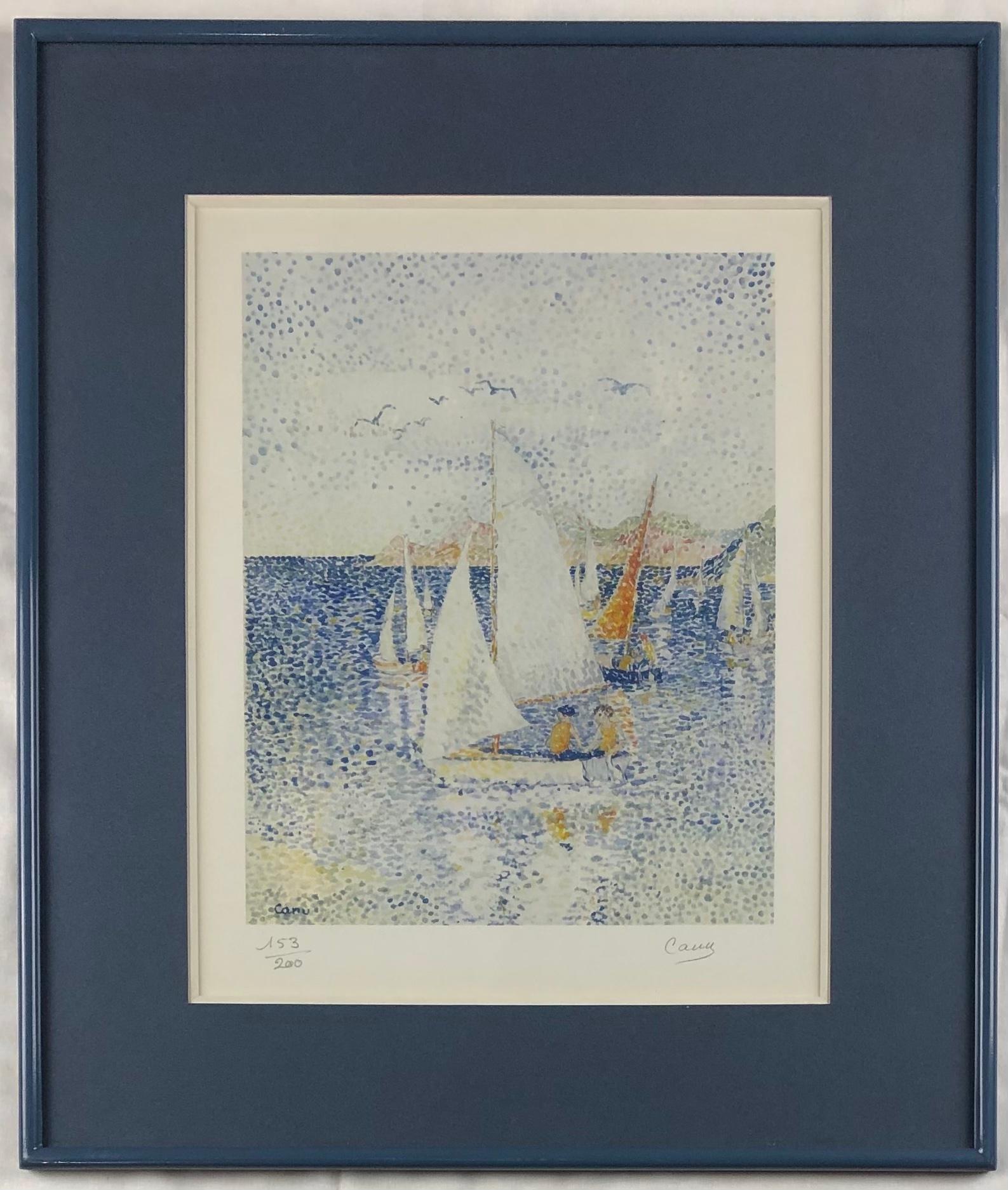 Mid-Century Modern Yvonne Canu Seascape Lithograph French Pointillism Art For Sale