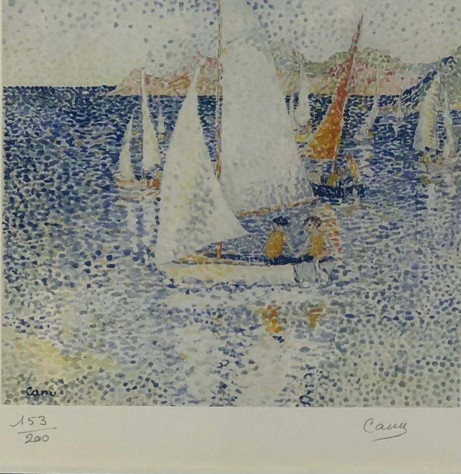 Yvonne Canu Seascape Lithograph French Pointillism Art In Good Condition For Sale In Miami, FL