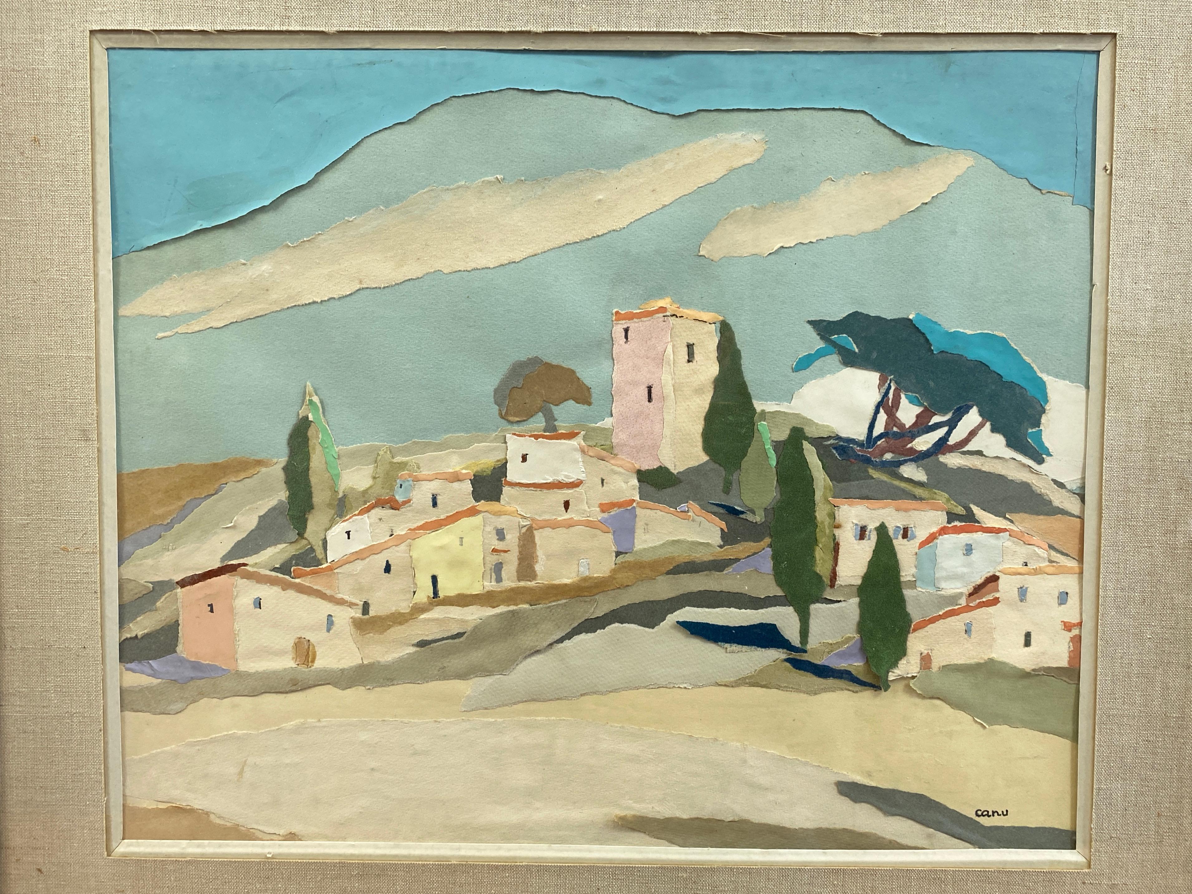 French Yvonne Canu “Village on a Hill”, Expressionist Papier-Déchiré Landscape, 1970s