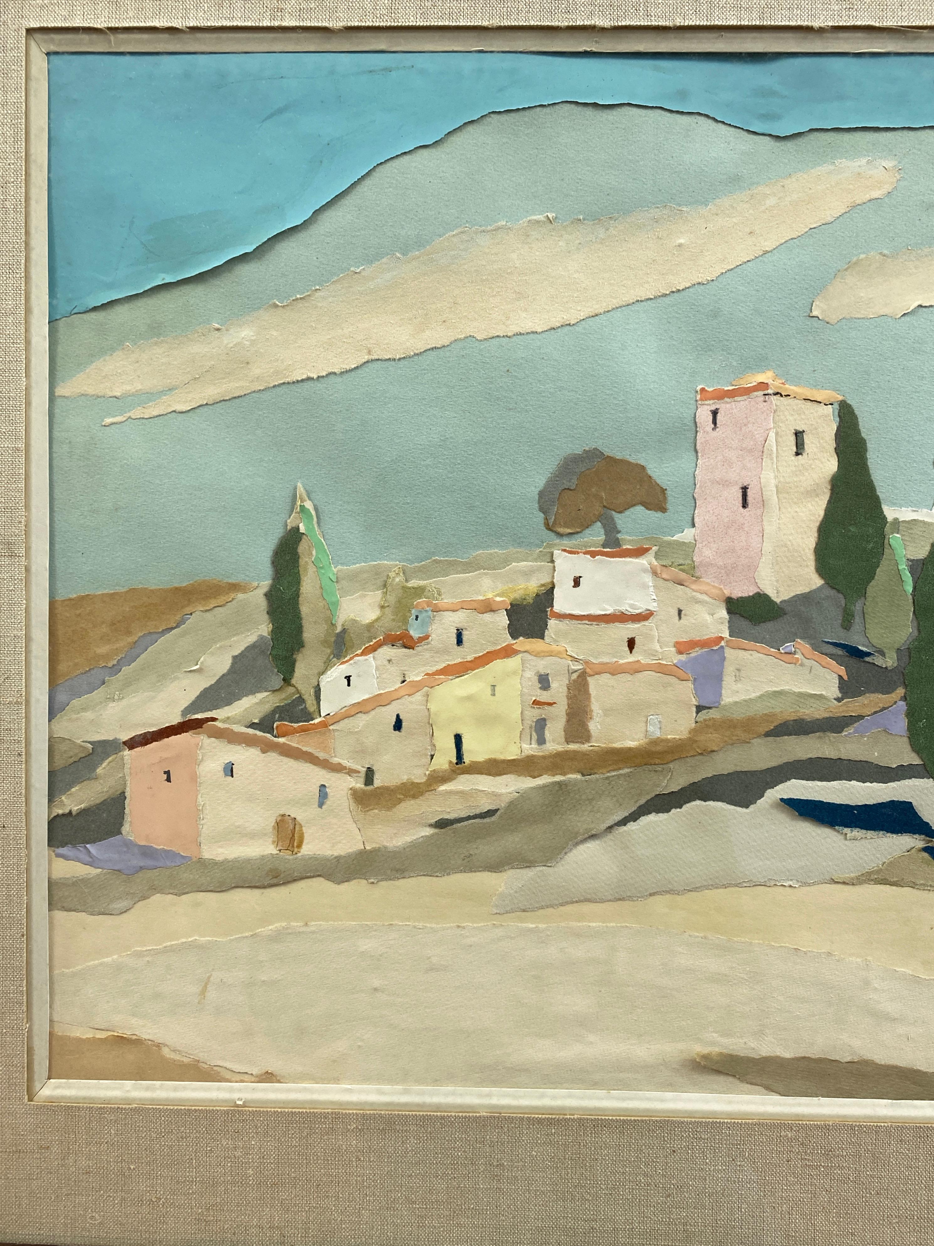 Yvonne Canu “Village on a Hill”, Expressionist Papier-Déchir�é Landscape, 1970s In Good Condition In San Francisco, CA