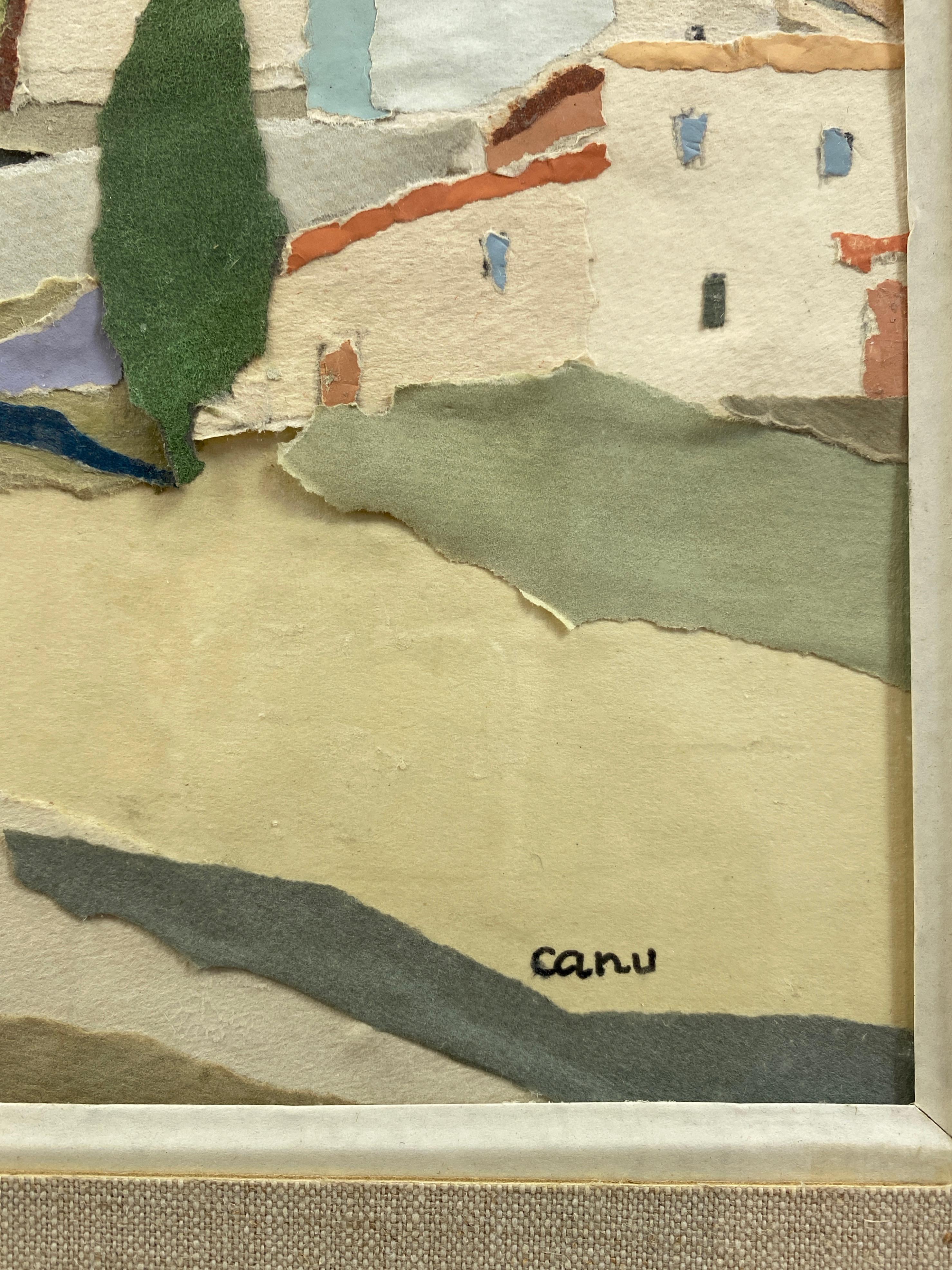 Paper Yvonne Canu “Village on a Hill”, Expressionist Papier-Déchiré Landscape, 1970s