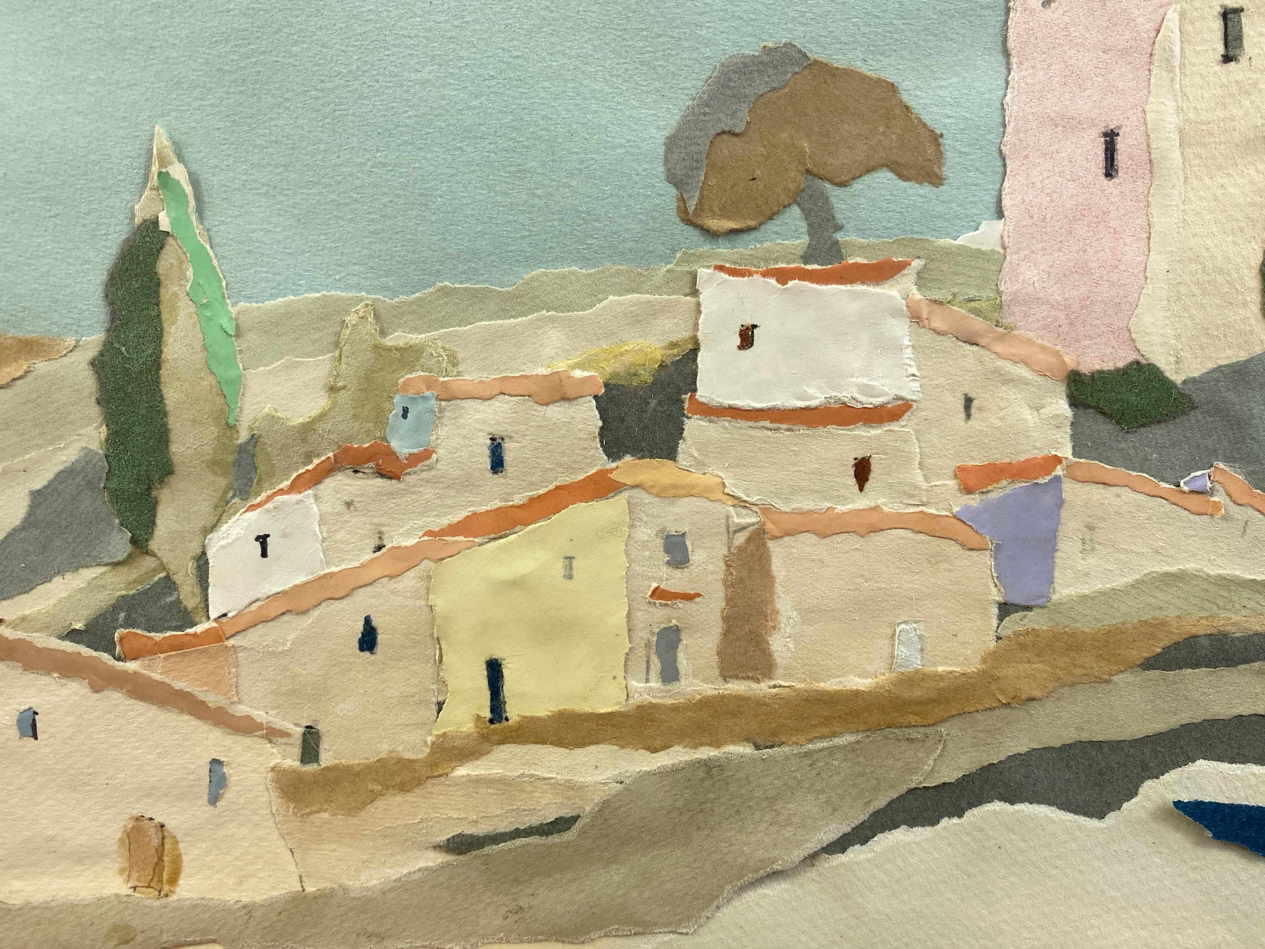 Yvonne Canu “Village on a Hill”, Expressionist Papier-Déchiré Landscape, 1970s 1