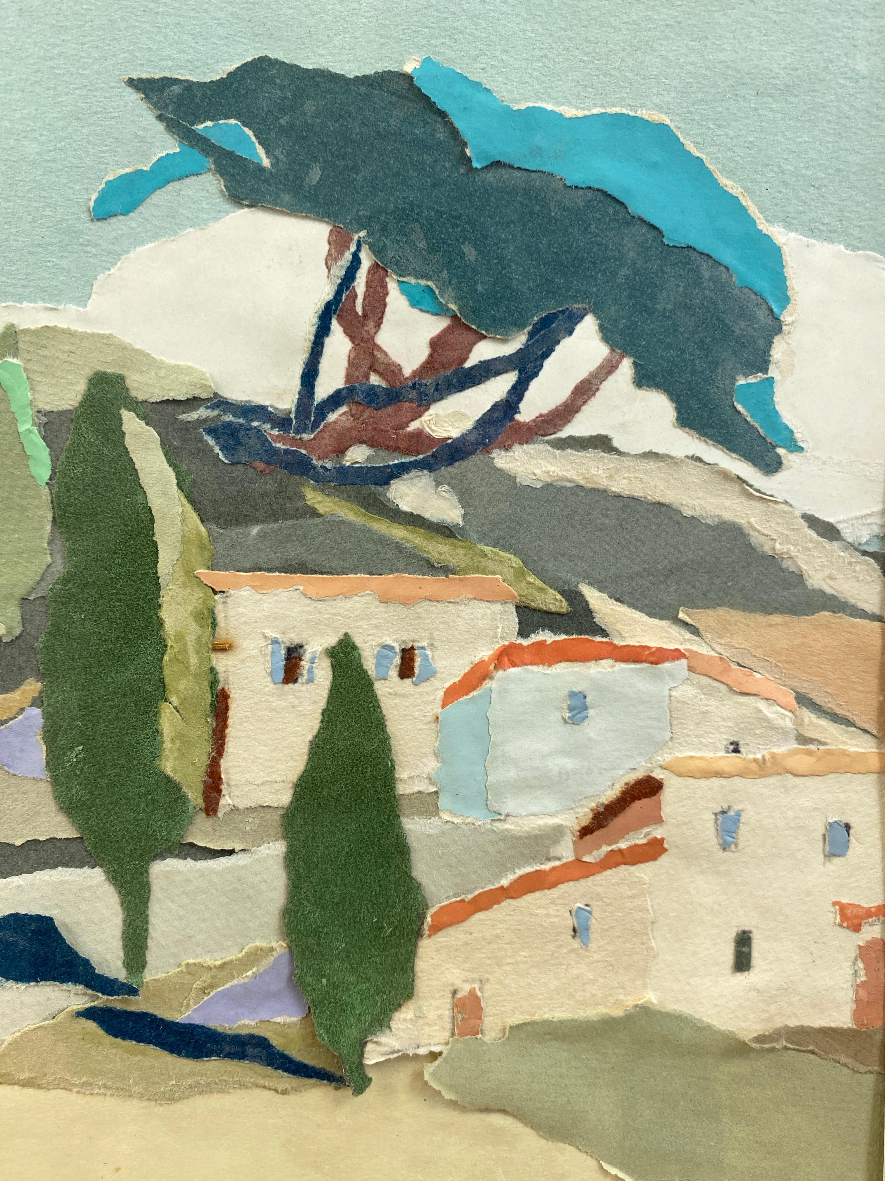 Yvonne Canu “Village on a Hill”, Expressionist Papier-Déchiré Landscape, 1970s 2