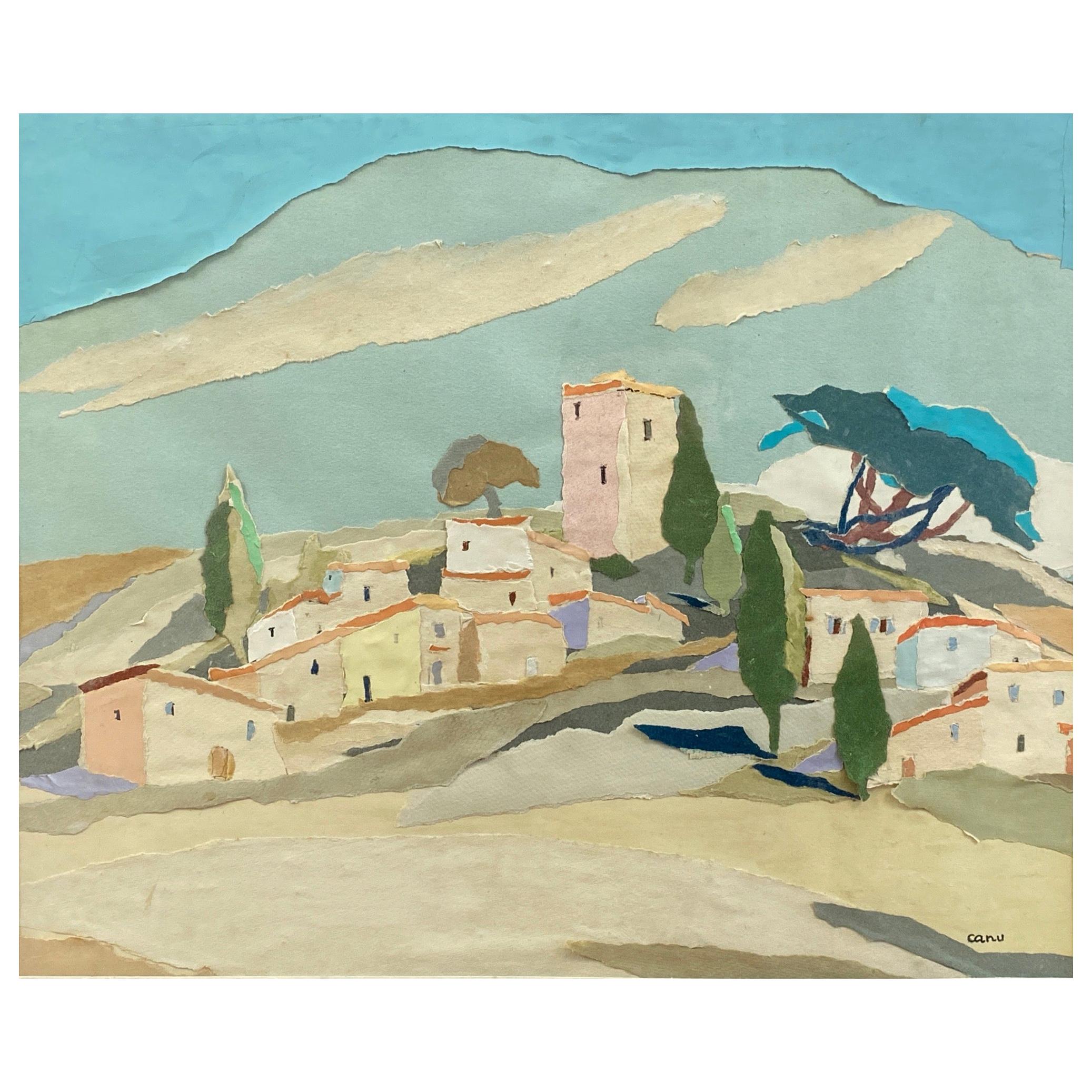 Yvonne Canu “Village on a Hill”, Expressionist Papier-Déchiré Landscape, 1970s