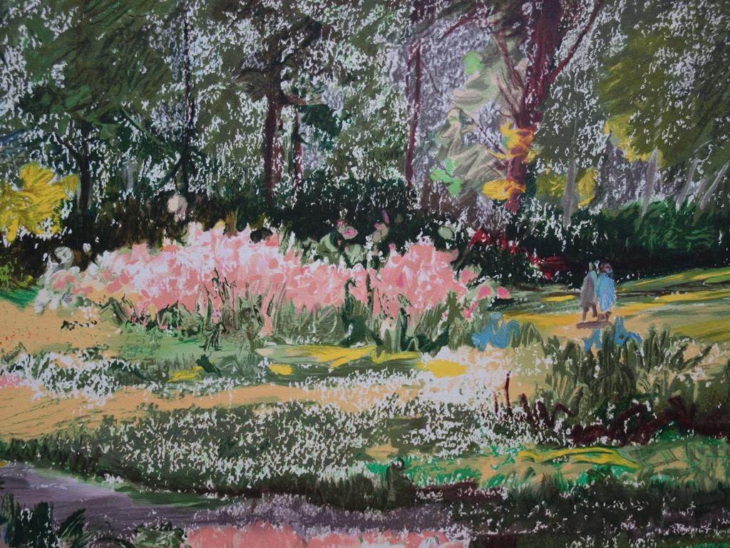 Rosa Schwertlilien in der Nähe des Sees - Handsignierte Original-Lithographie (Moderne), Print, von Yvonne Cheffer Delouis