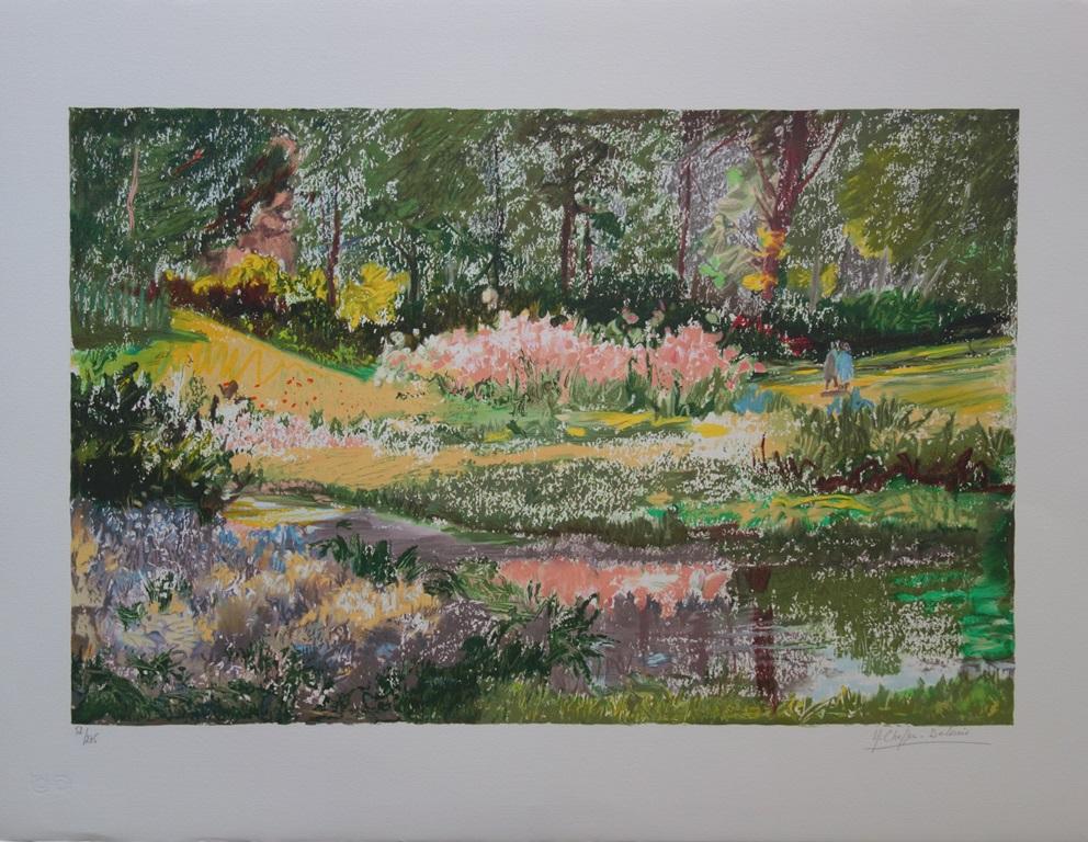 Pink Irises Near the Lake - Original Handsigned Lithograph