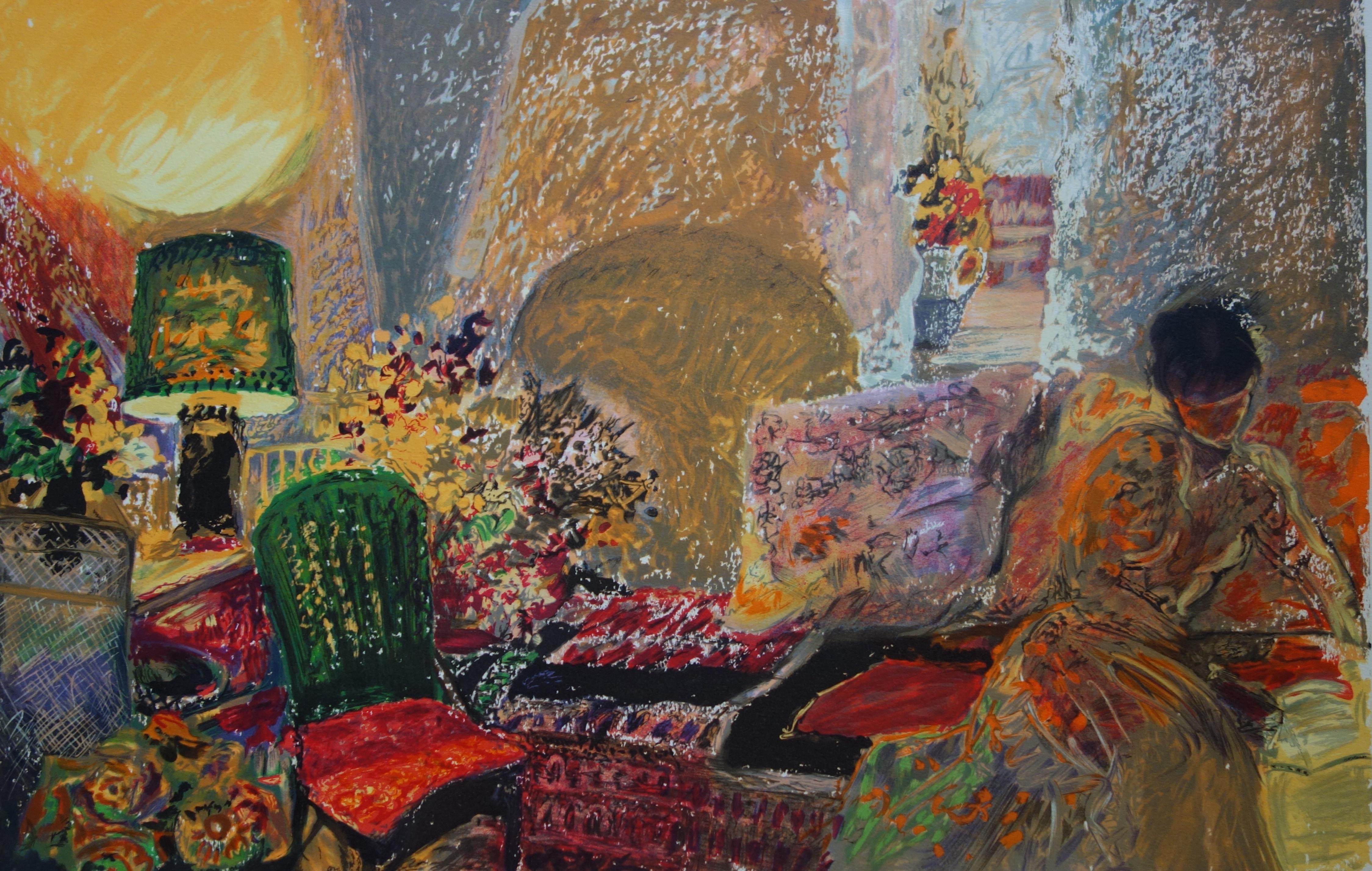 Lire dans le salon - Lithographie originale signée de la main de l'auteur - Moderne Print par Yvonne Cheffer Delouis