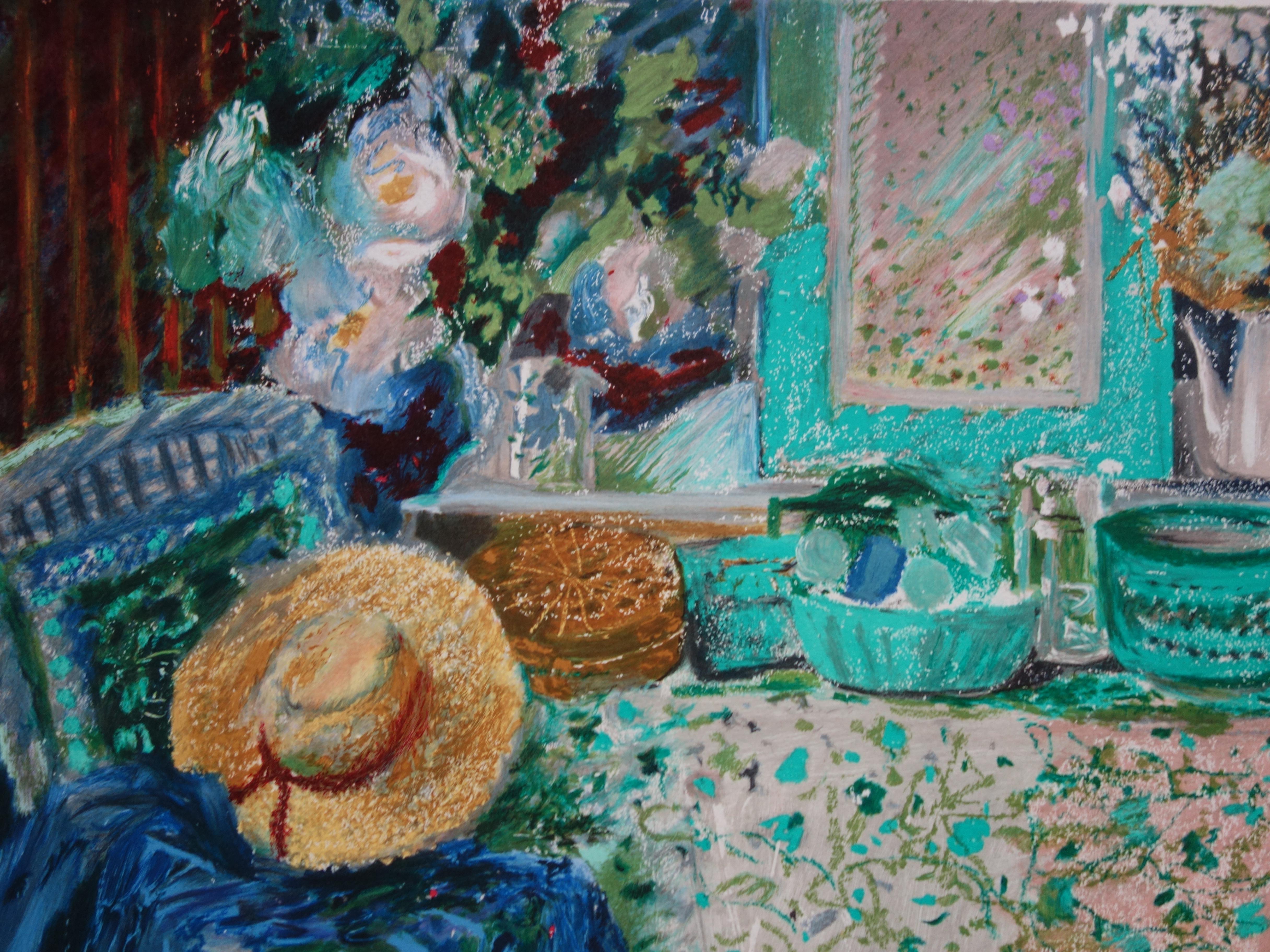 Still Life with Hat - Original Handsigned Lithograph - Gray Still-Life Print by Yvonne Cheffer Delouis