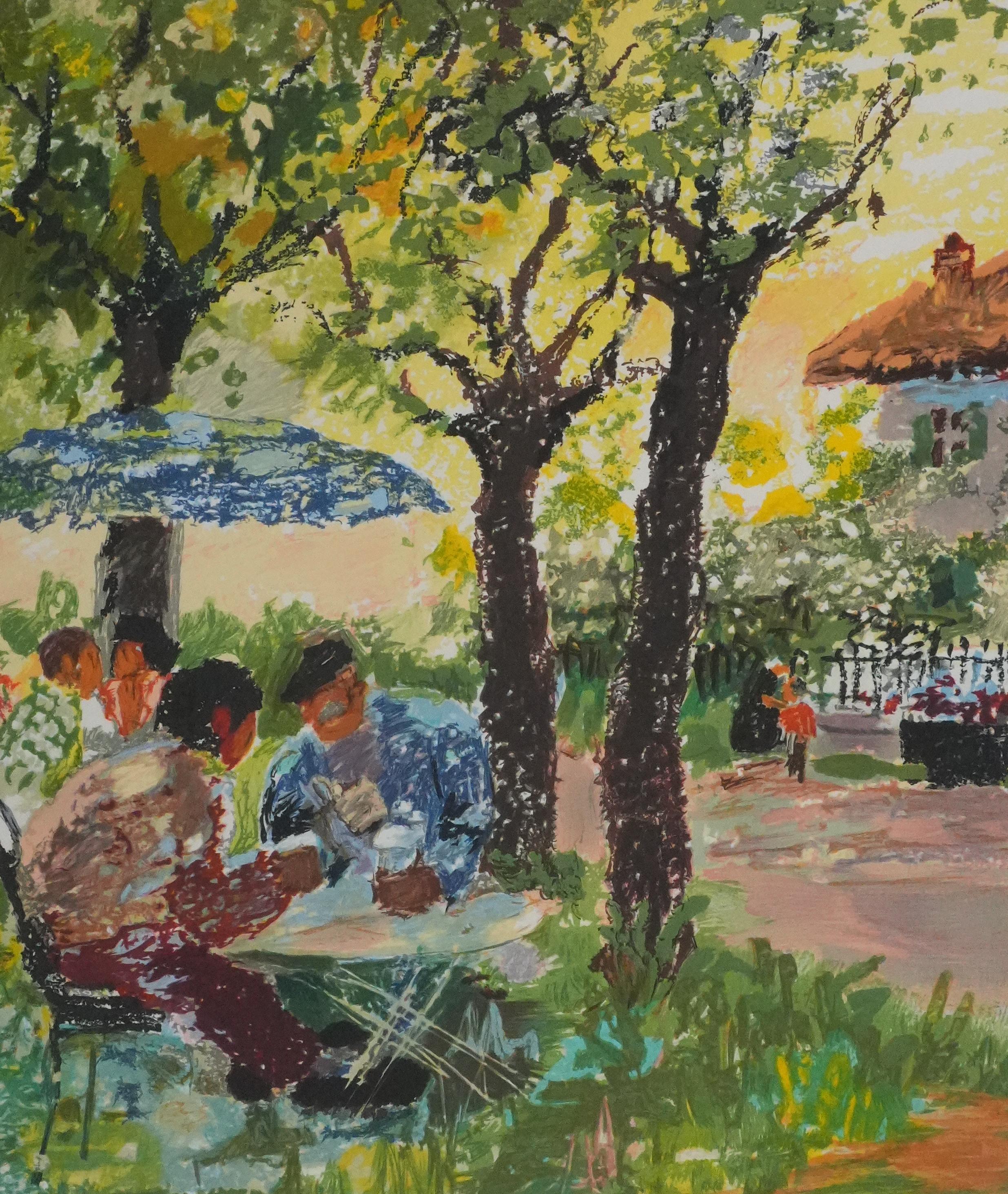 Tea Time - Original Handsigned Lithograph - Gray Figurative Print by Yvonne Cheffer Delouis