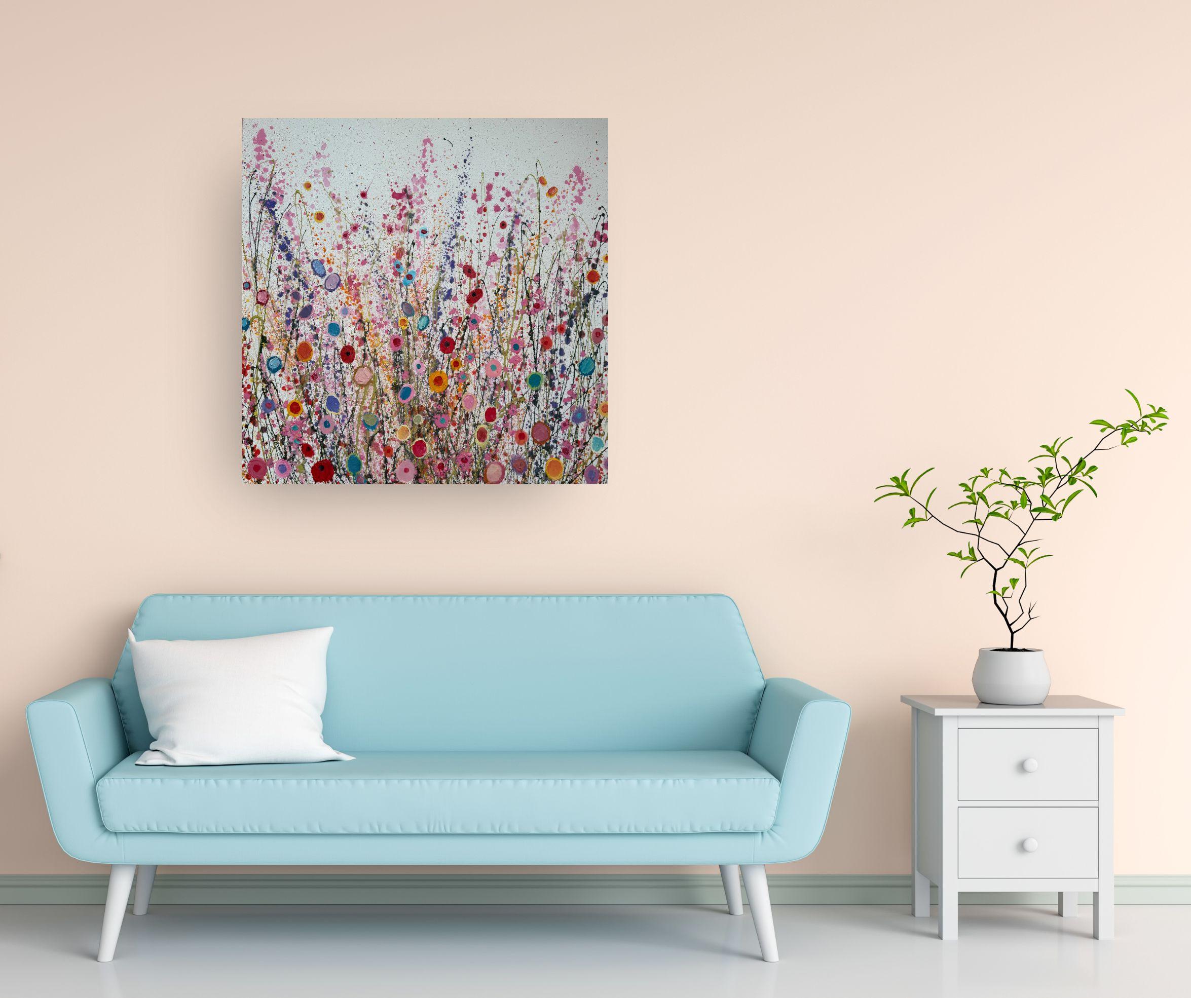 Schmetterlinge und Vogelgesang - floral abstrakte Landschaft Ölgemälde zu verkaufen – Painting von Yvonne Coomber