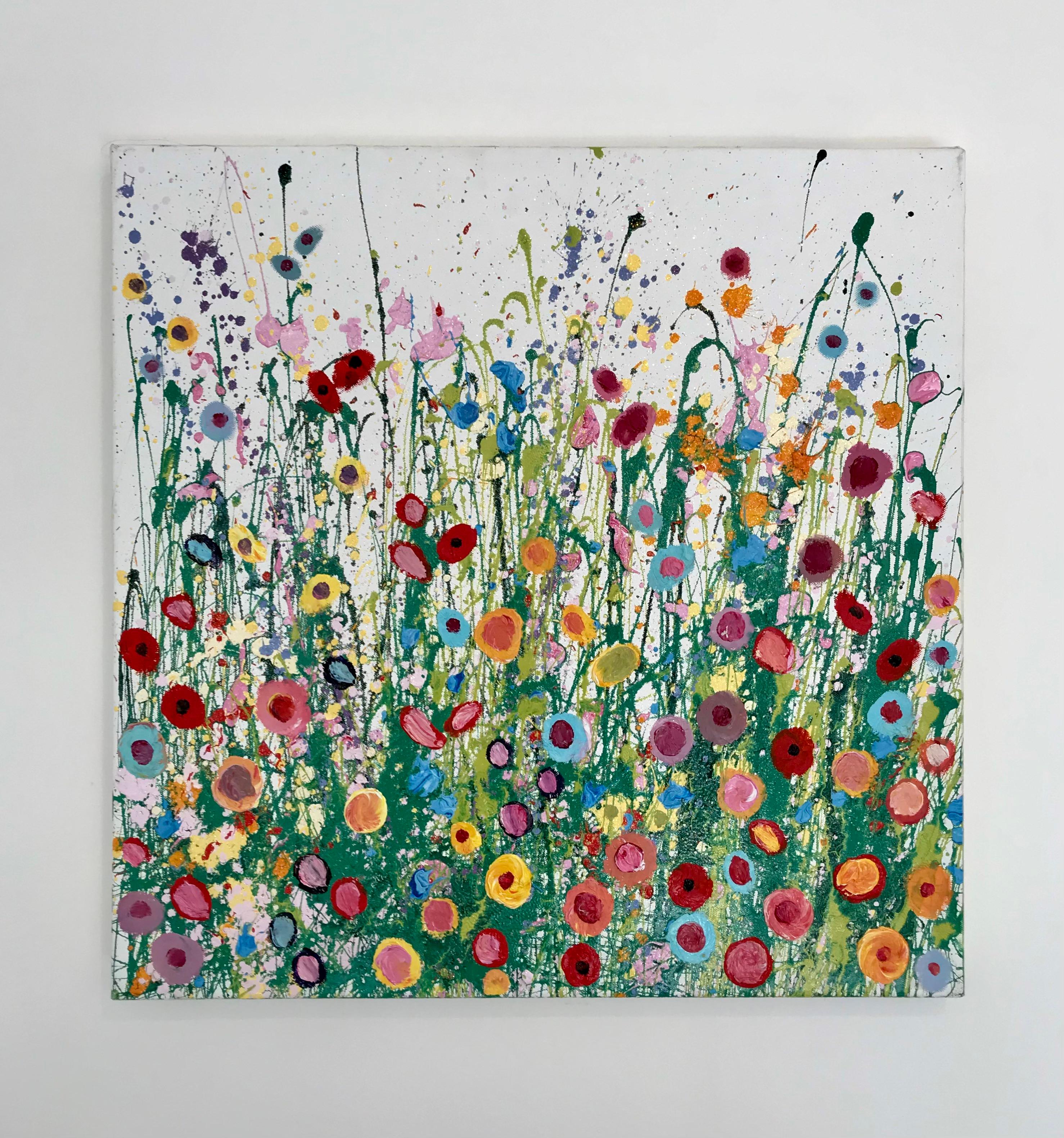 I Give you all the Flowers of my Heart - abstract floral modern nature painting - Painting by Yvonne Coomber