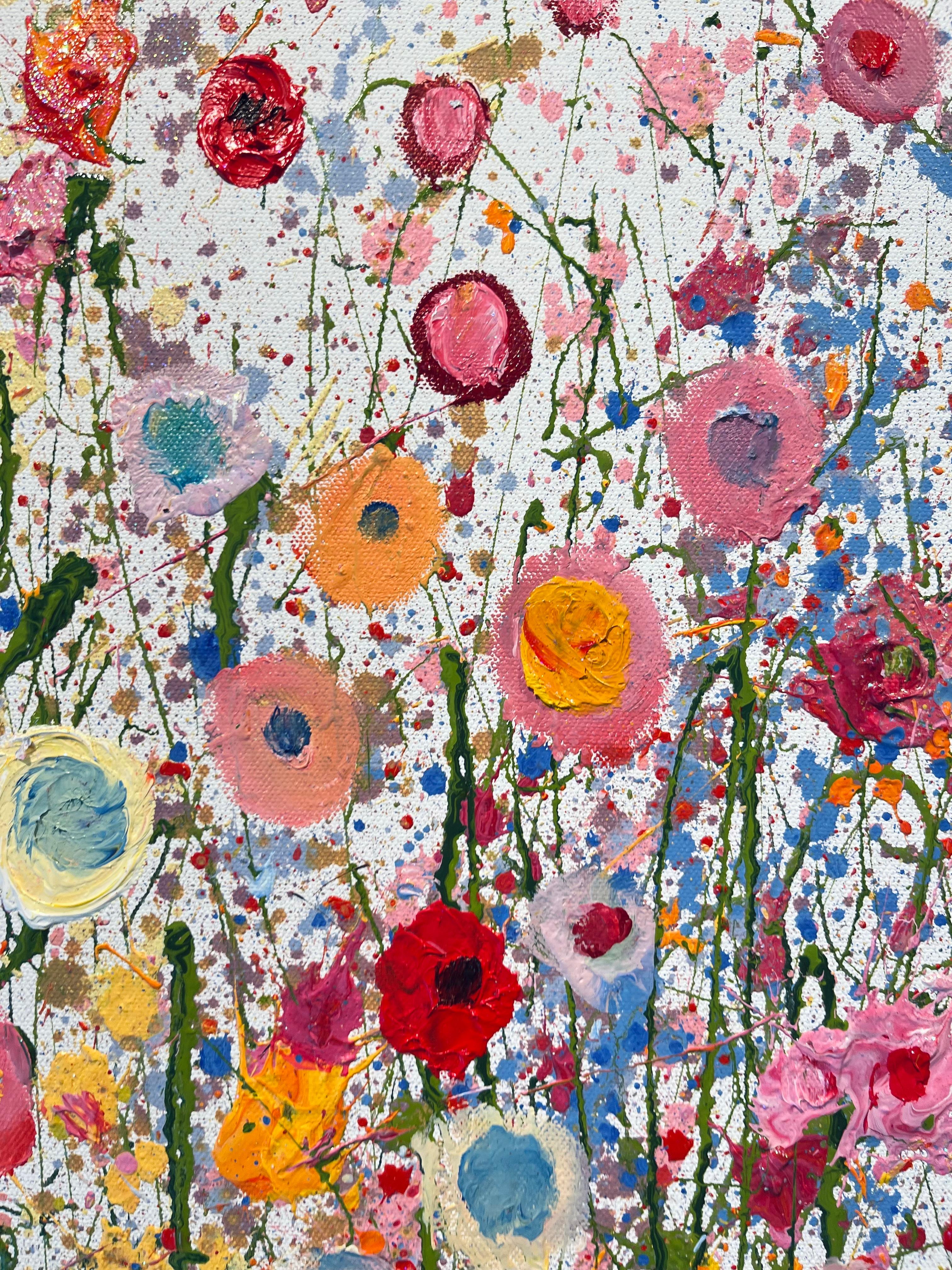 Je t'aime de tout mon coeur - peinture abstraite florale originale art contemporain - Beige Abstract Painting par Yvonne Coomber