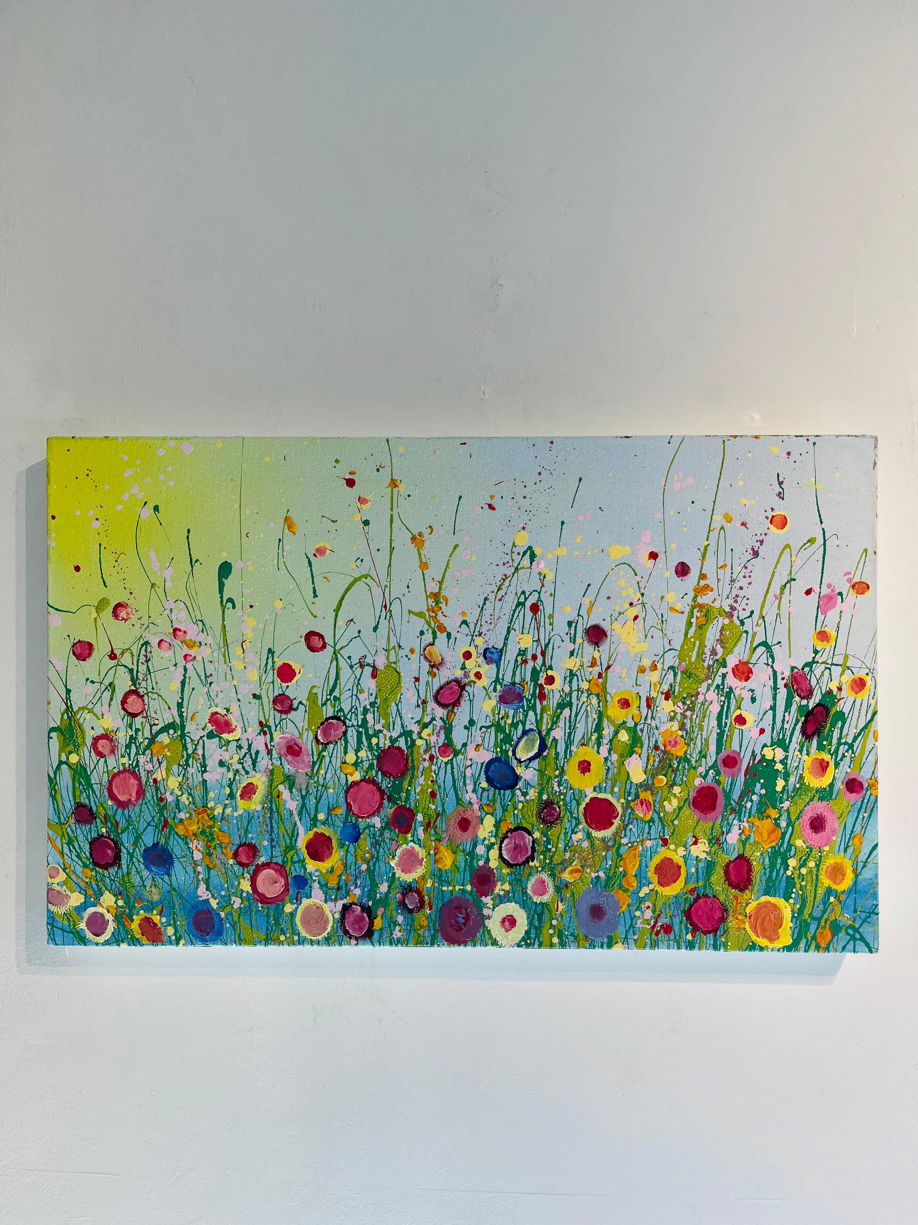 Rainbows of Love-original floral abstract landscape painting-contemporary Art - Beige Abstract Painting by Yvonne Coomber
