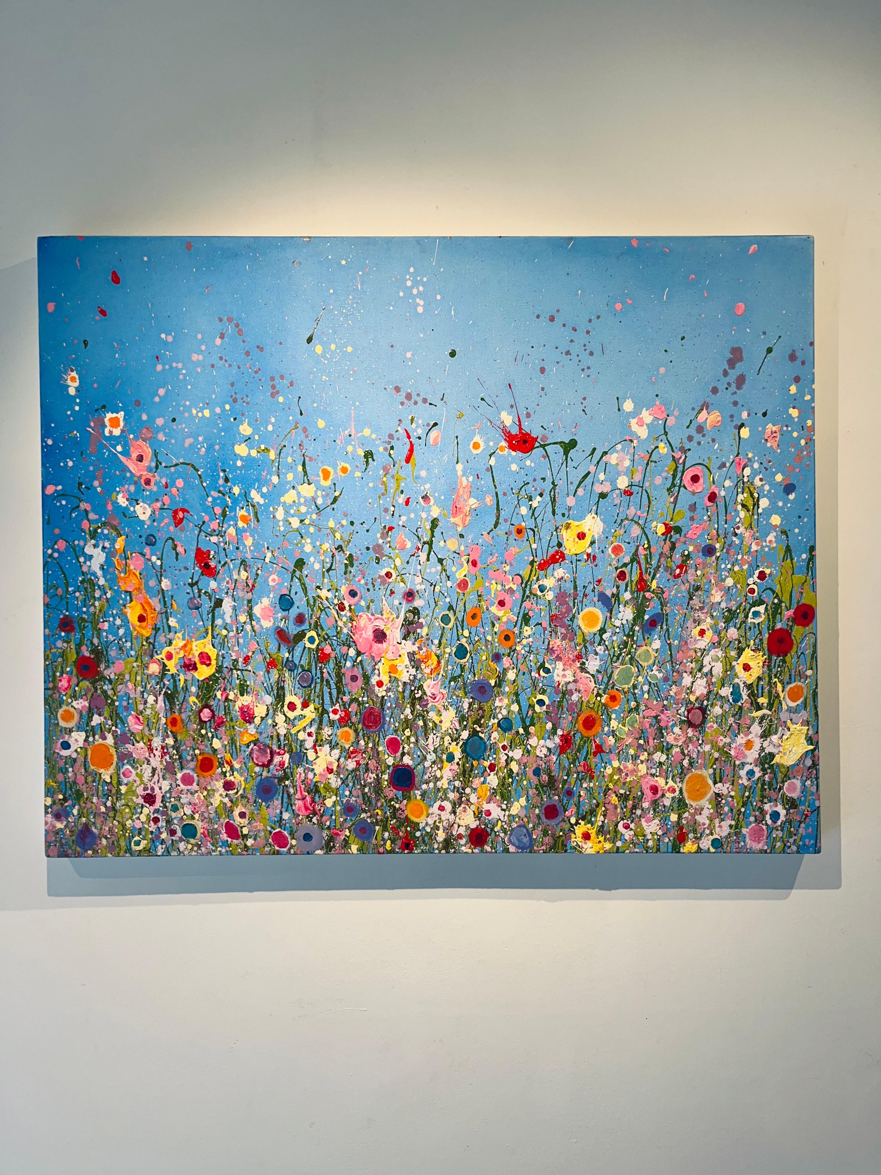 Summer Skies and Butterflies- original abstract floral oil painting- modern art - Painting by Yvonne Coomber