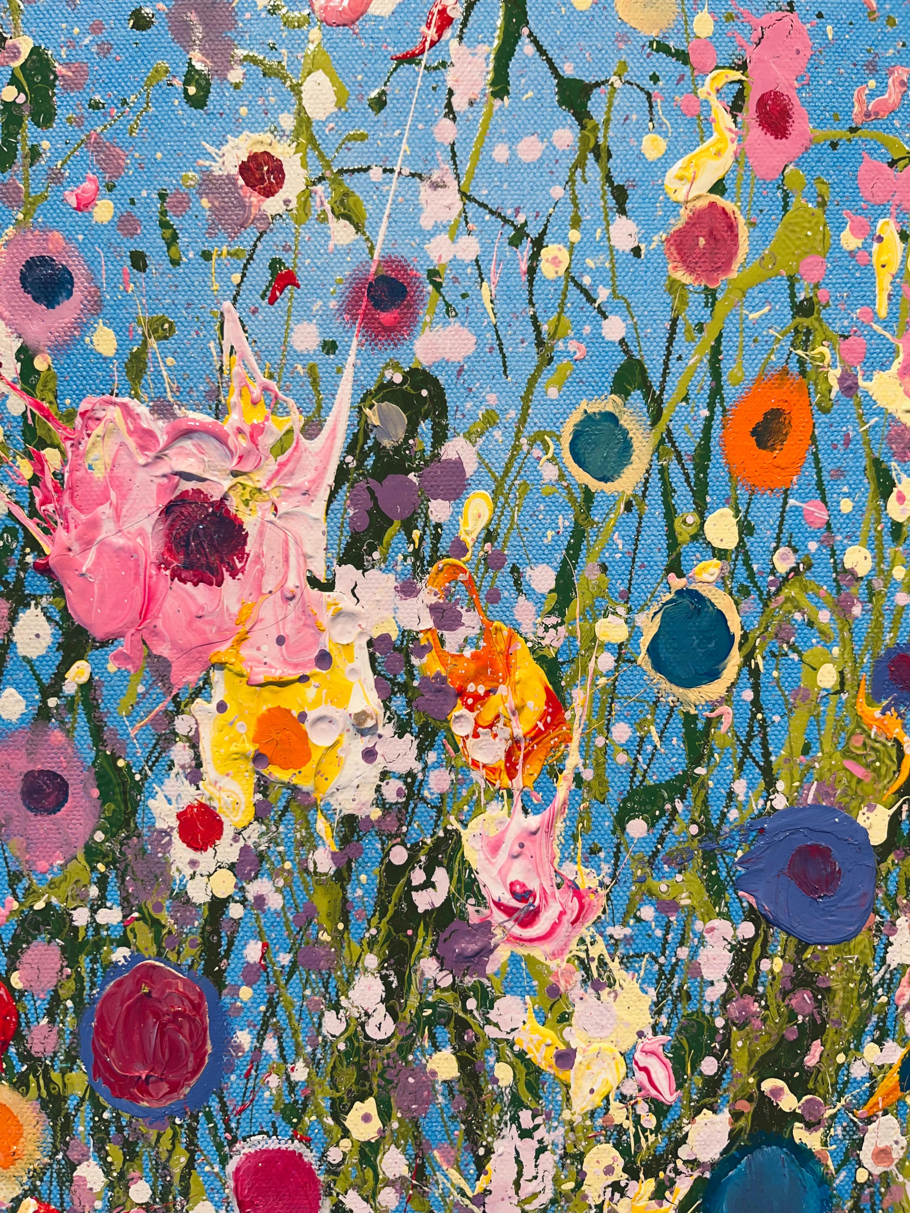 Summer Skies and Butterflies- original abstract floral oil painting- modern art - Blue Abstract Painting by Yvonne Coomber