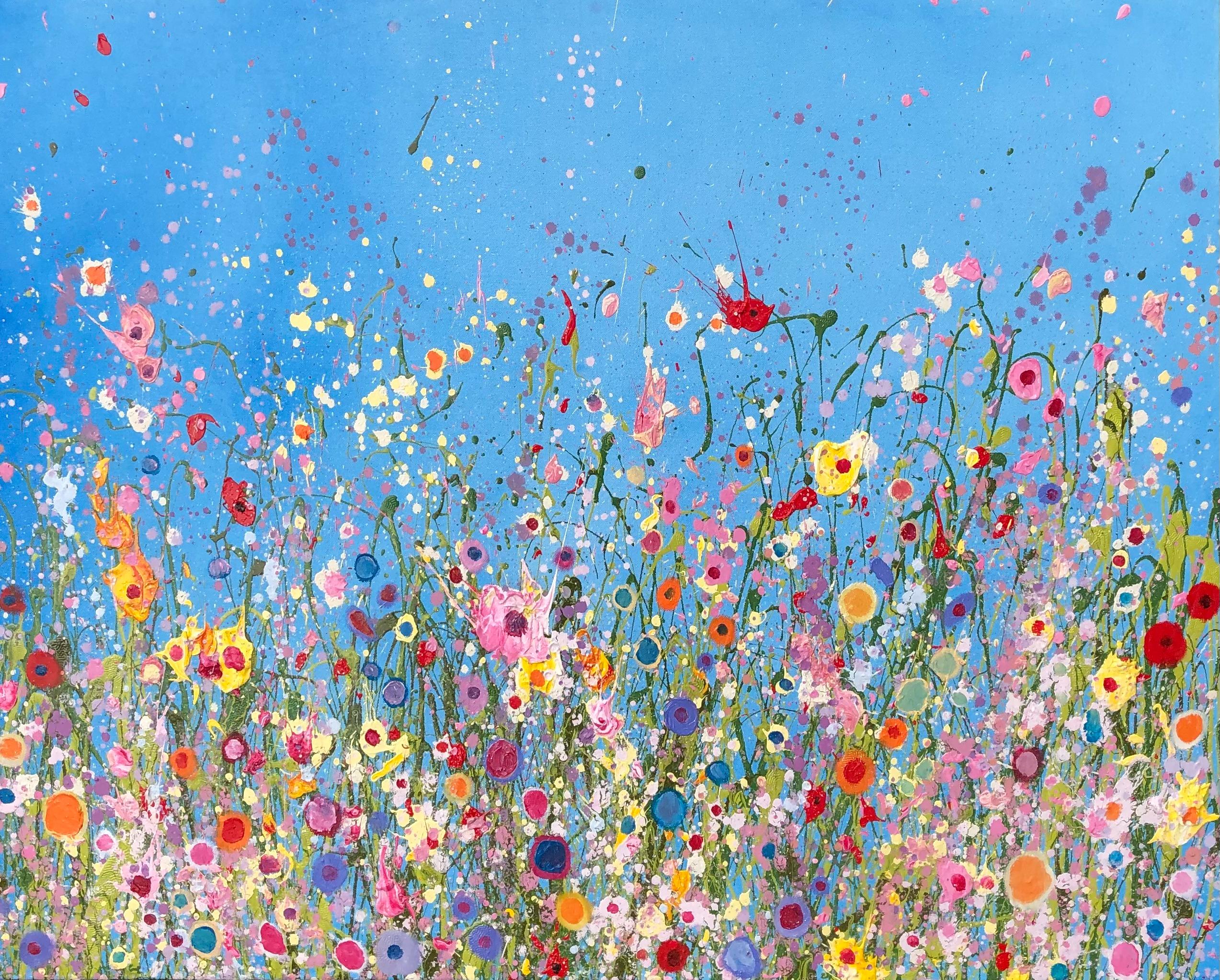 Yvonne Coomber Abstract Painting - Summer Skies and Butterflies- original abstract floral oil painting- modern art