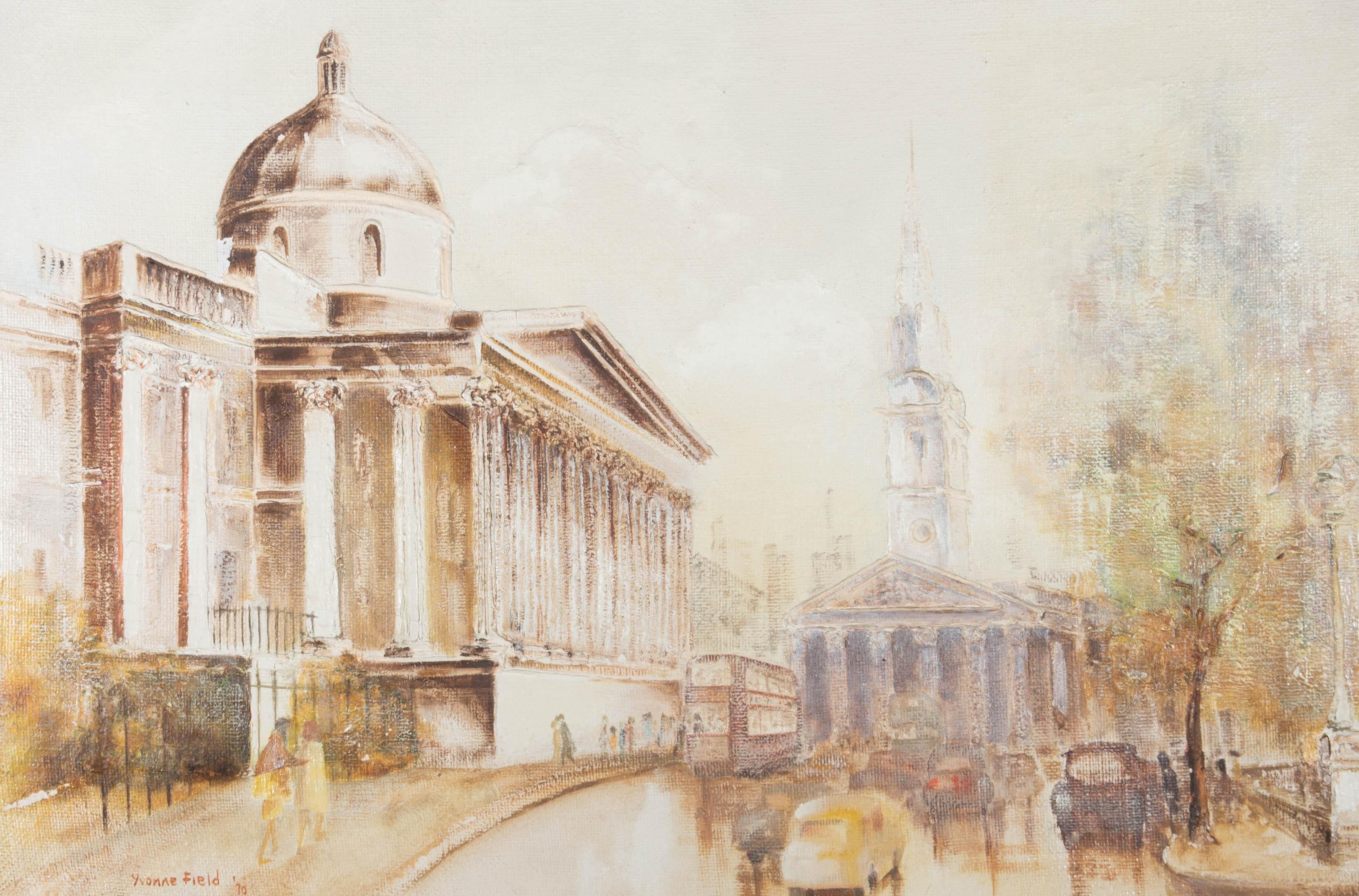 A stylised mixed media piece showing a view of various London landmarks, including the London Exchange building. The artist has used a mix of relief and impasto media with the oil to create depth and architectural form in the buildings. The artist