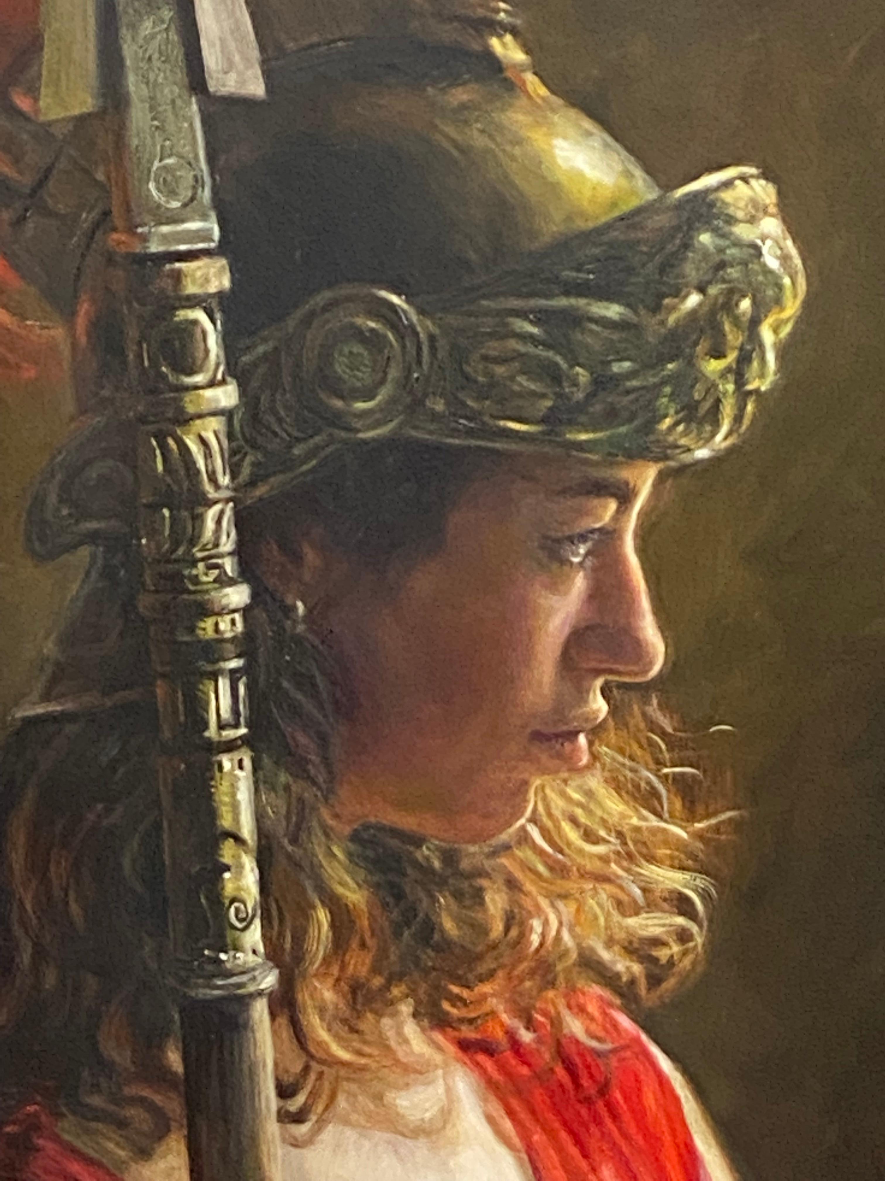 Athena
116 x 70 cm
Oil on dibond (aluminium panel)
Framed 133 x 86 cm

Dutch Female artist, painter Yvonne Heemskerk is famous in Holland because of her strong and narrative portraits. ( On the phot posing for her painting)
Winner of the Dutch