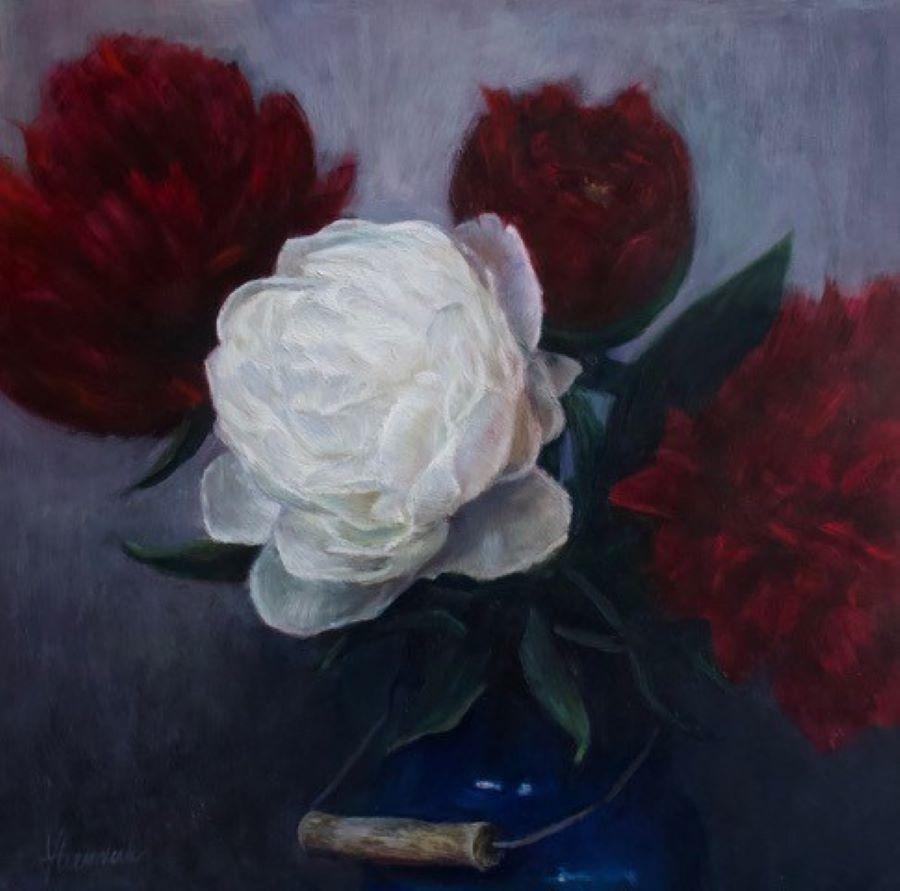 Figurative Painting de Yvonne Heemskerk - Nova - Pintura al óleo contemporánea al bodegón del siglo XXI de Pionias en un jarrón