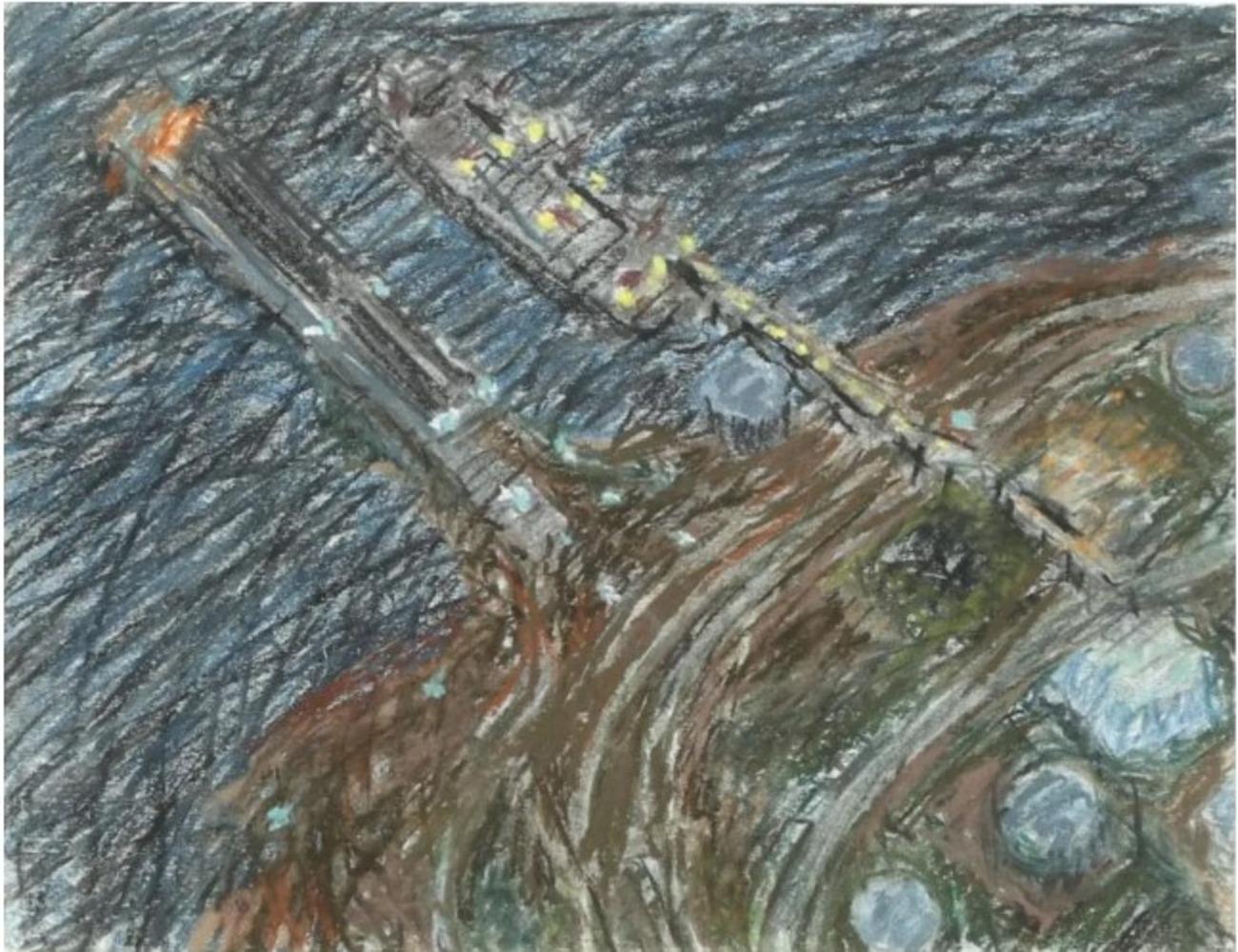 "Noche del puerto de Searsport I" Yvonne Jacquette, Escena del puerto,  Paisaje urbano