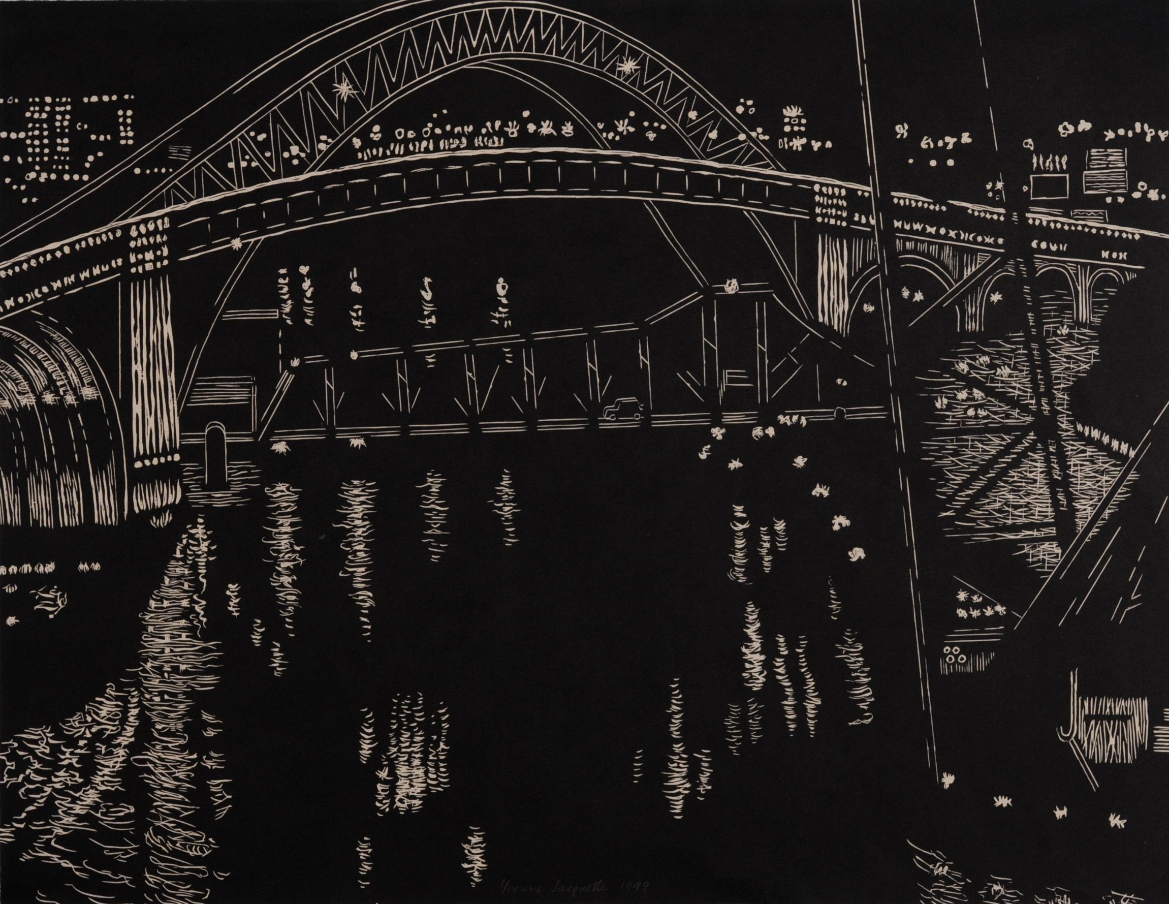 Yvonne Jacquette Landscape Print - Bridges over Cuyahoga River, Cleveland