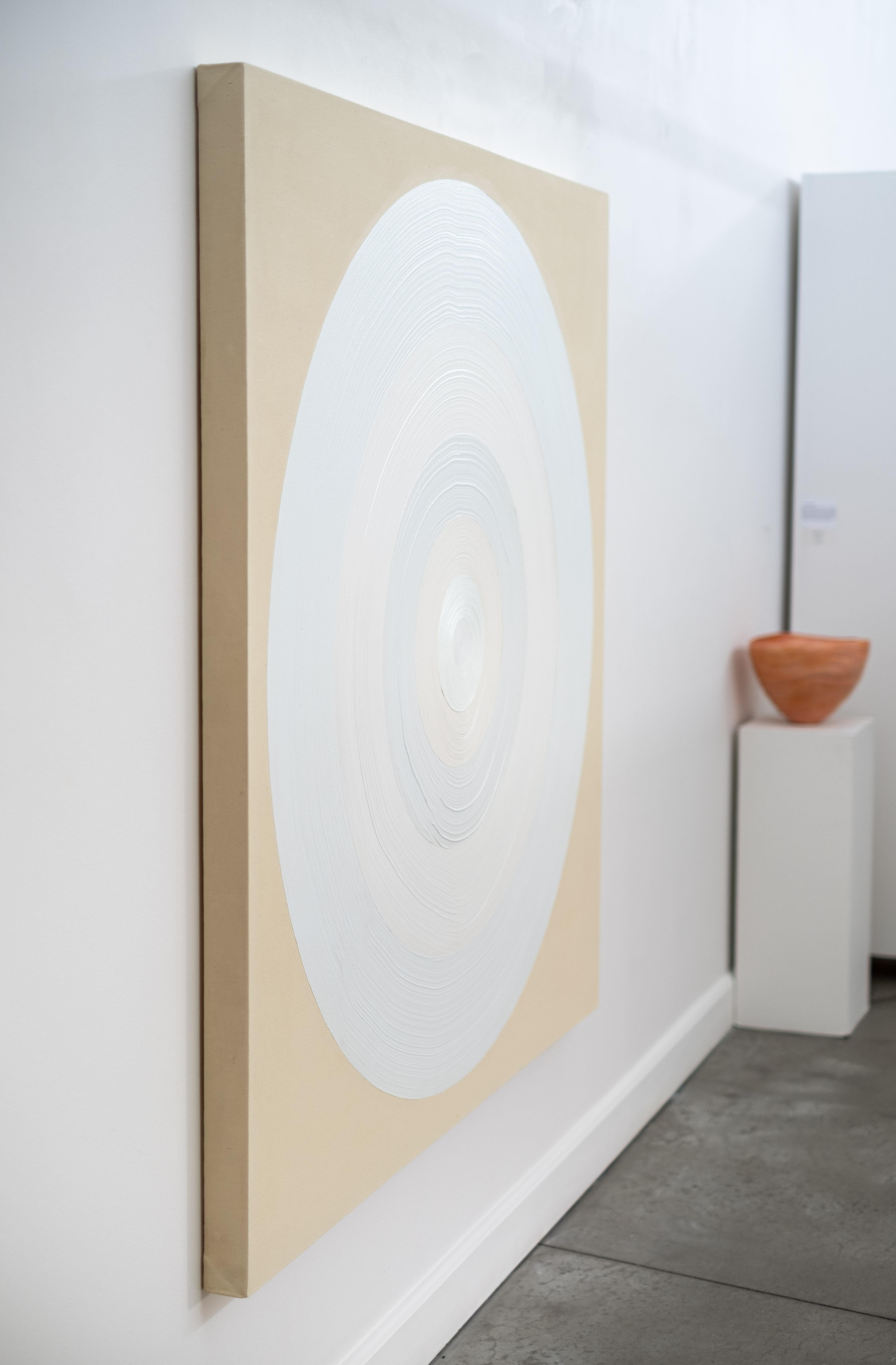 This dynamic contemporary circular painting in bright white is by Yvonne Lammerich. The Canadian artist has been exhibiting her uniquely bold work both nationally and internationally for decades. Lammerich is known for her provocative experimental