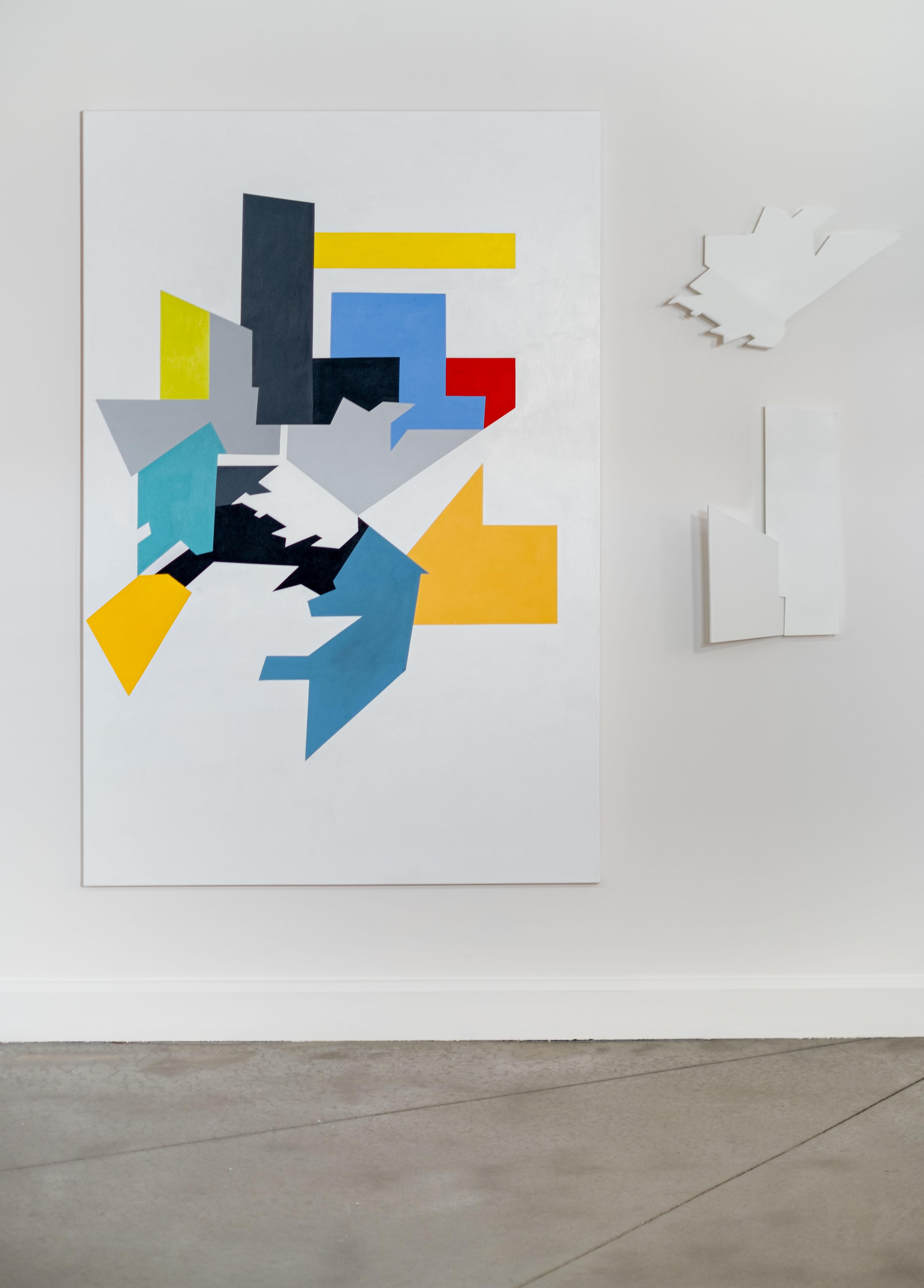 This wholly unique contemporary graphic painting and complimentary wall sculpture is by Yvonne Lammerich. The Canadian artist has acquired an international reputation for her inspired and thought-provoking modern artwork that often includes