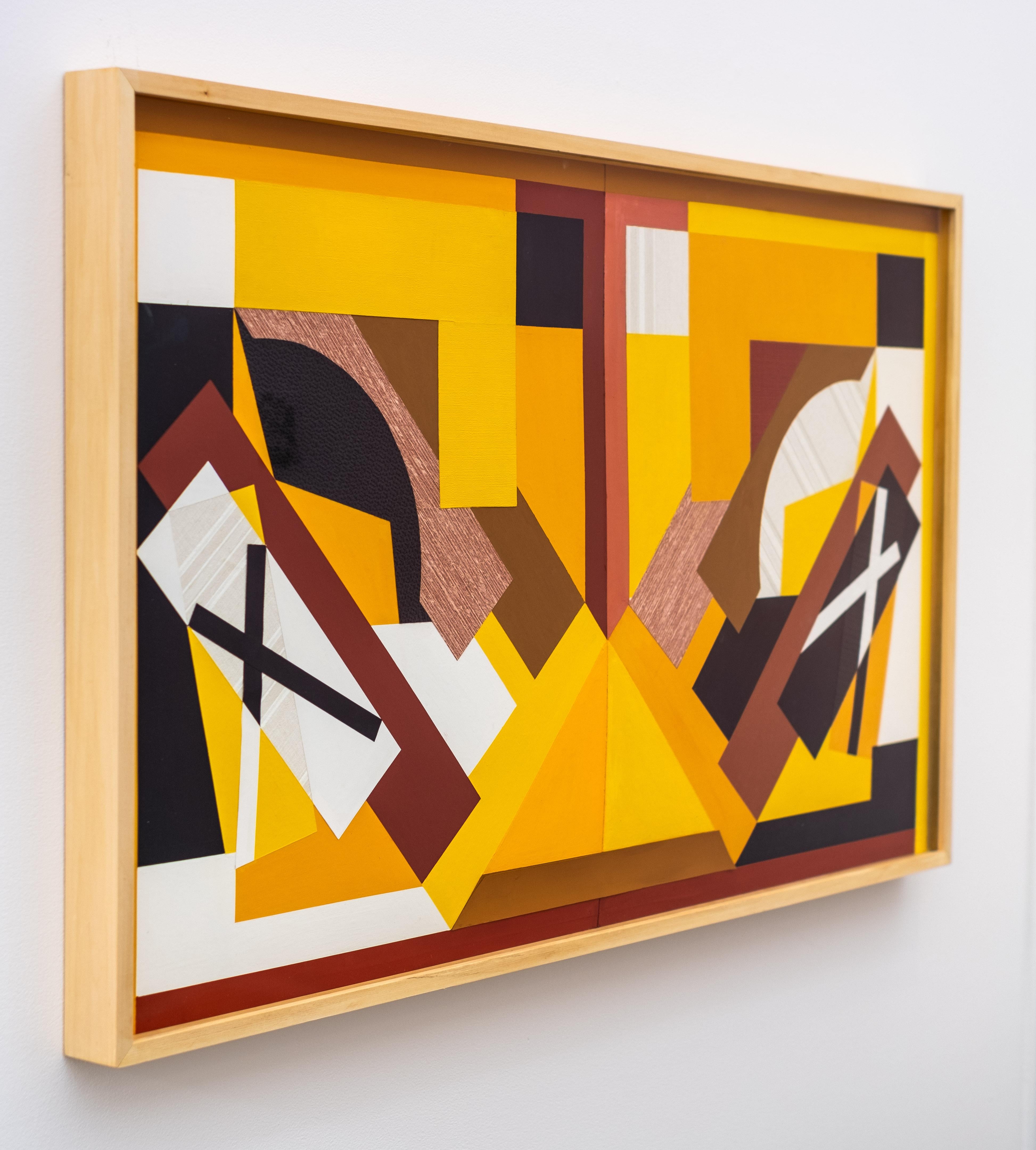 Les lignes épurées et contemporaines de ce grand diptyque graphique ont été créées par l'artiste canadienne Yvonne Lammerich. Cette œuvre fait partie d'une série de collages de peinture et de papier qui ont été exposés à la Maison des Congrés à