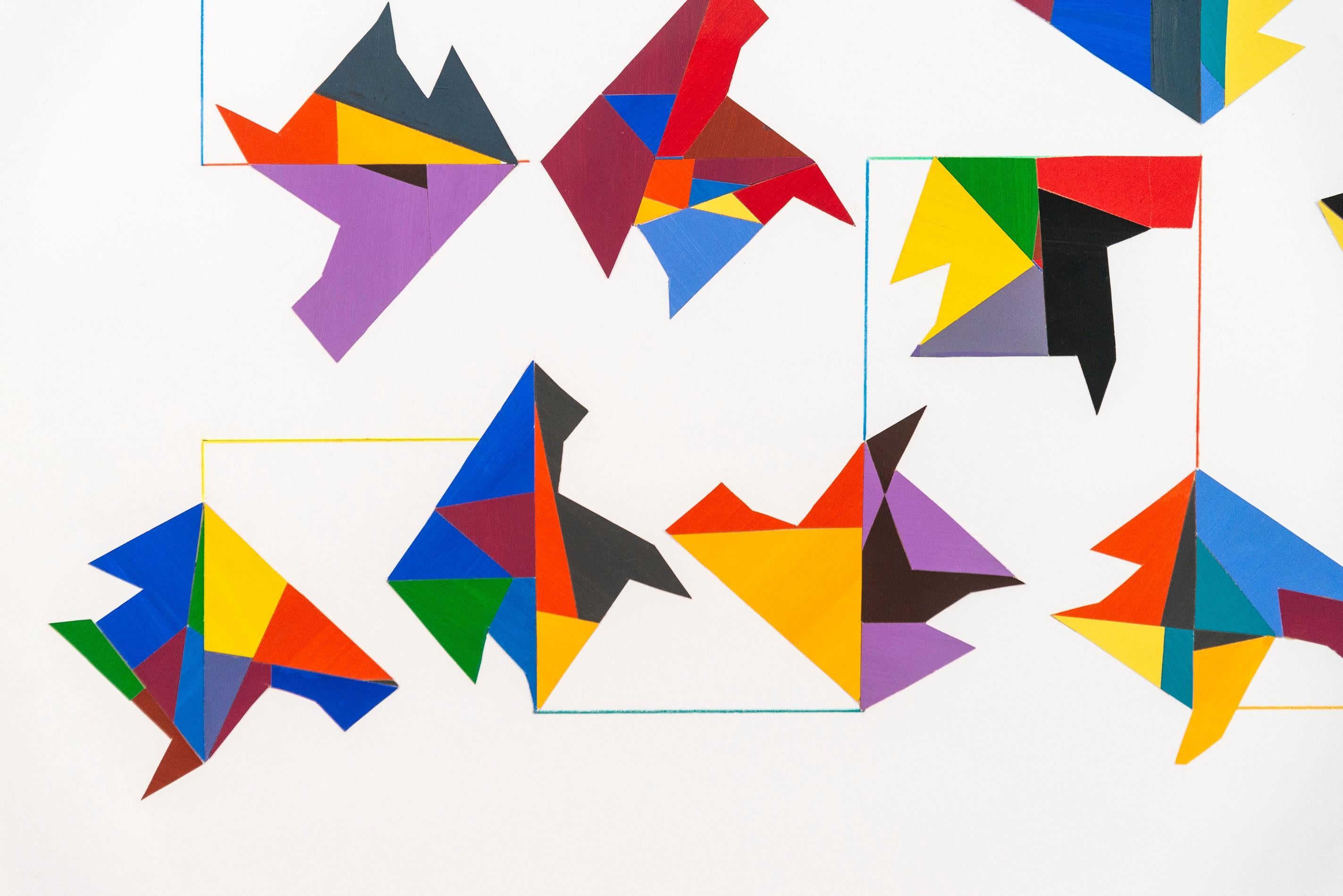 This bold contemporary composition by Yvonne Lammerich is an intriguing exploration of colour and form. Origami-like folded shapes inter-connected by fine lines dance across this collage on paper rendered in a vibrant colour palette of jet black,