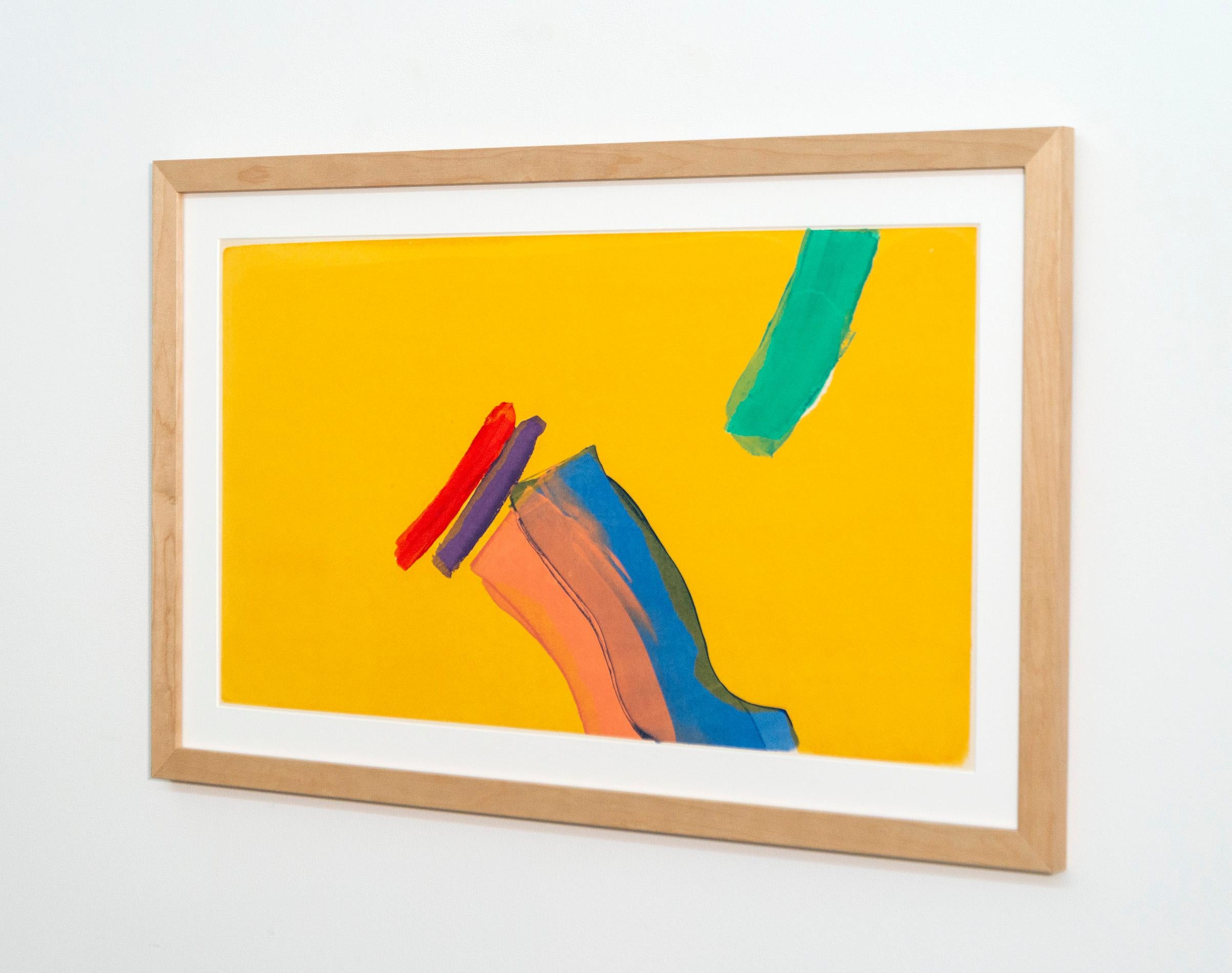 Expressive brushstrokes in vivid colours play against a sunny yellow in this contemporary composition by Yvonne Lammerich. The form of this silkscreen on paper is dynamic and abstracted, the colour palette of orange, purple, turquoise, melon and