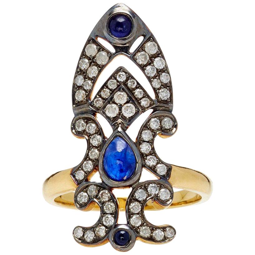 Yvonne Leon 18 Karat Gold Ring Crown Blue Sapphire and Diamonds