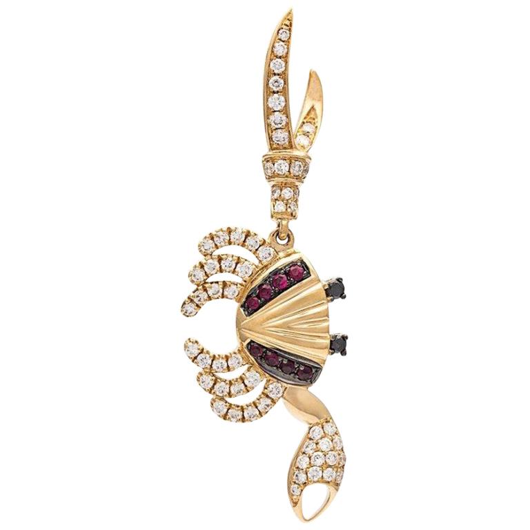 Yvonne Leon Contemporary Crab Earring 18 Karat Yellow Gold Diamonds and Ruby For Sale