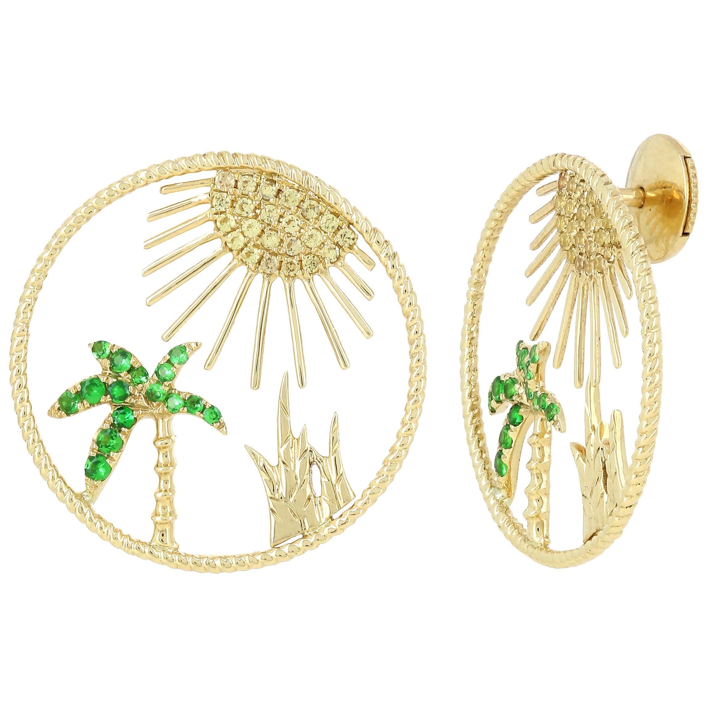 Yvonne Leon Contemporary Earring Sun in 18 Karat Yellow Gold with Tsavorites For Sale