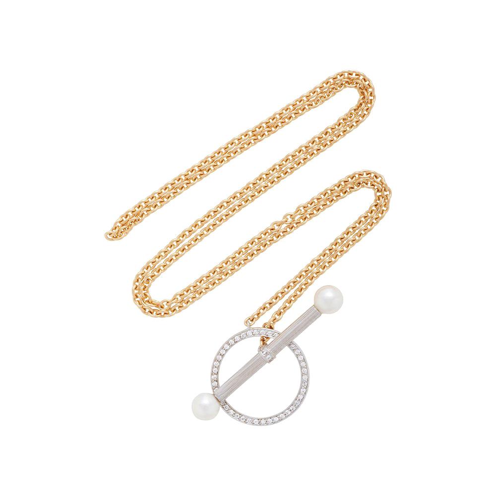 Yvonne Leon's Barre necklace in 18 Karat Yellow Gold with Diamonds and Pearls For Sale