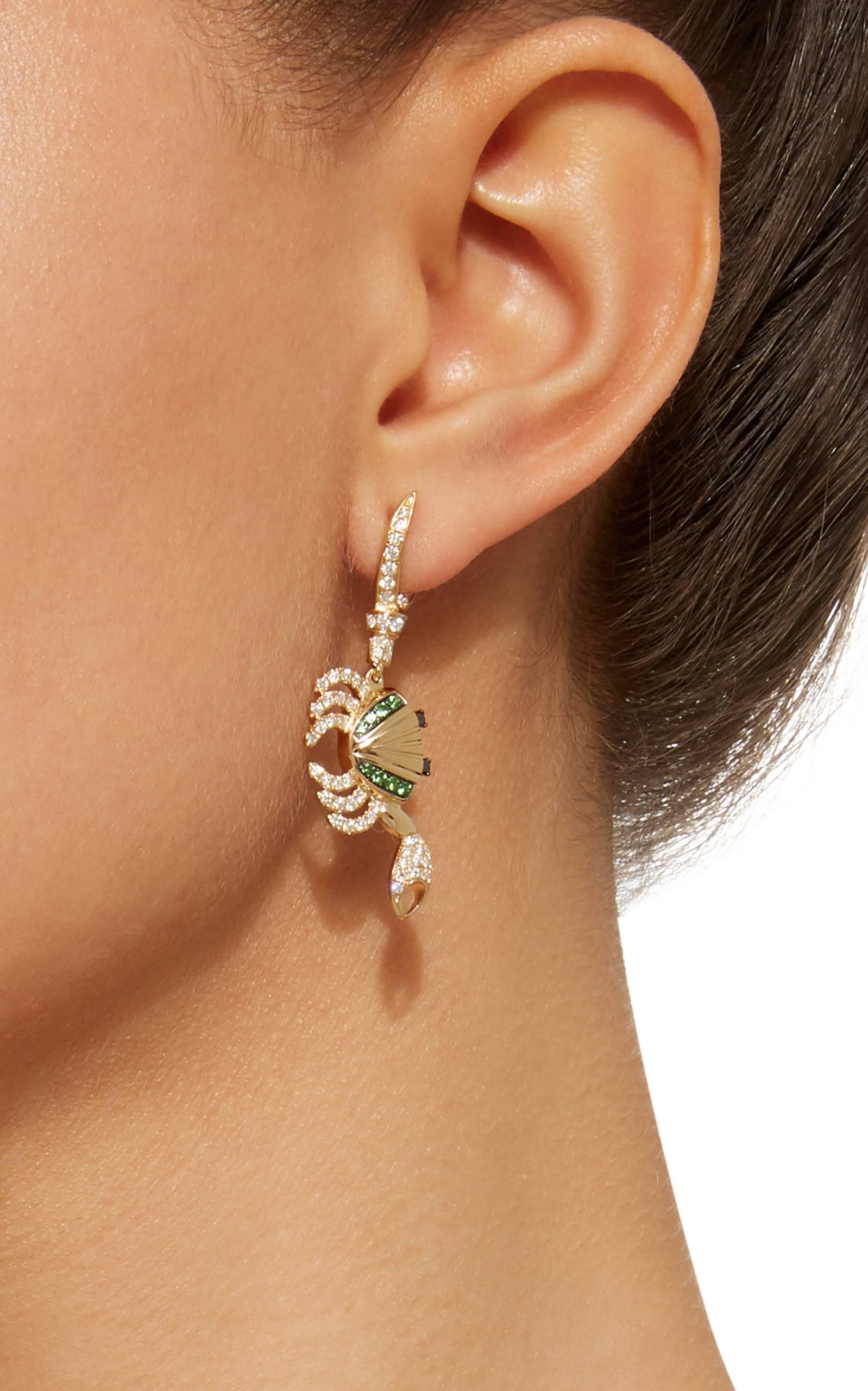 Women's or Men's Yvonne Leon's Crab Earring in 18 Karat Yellow Gold, Diamonds, and Tsavorites