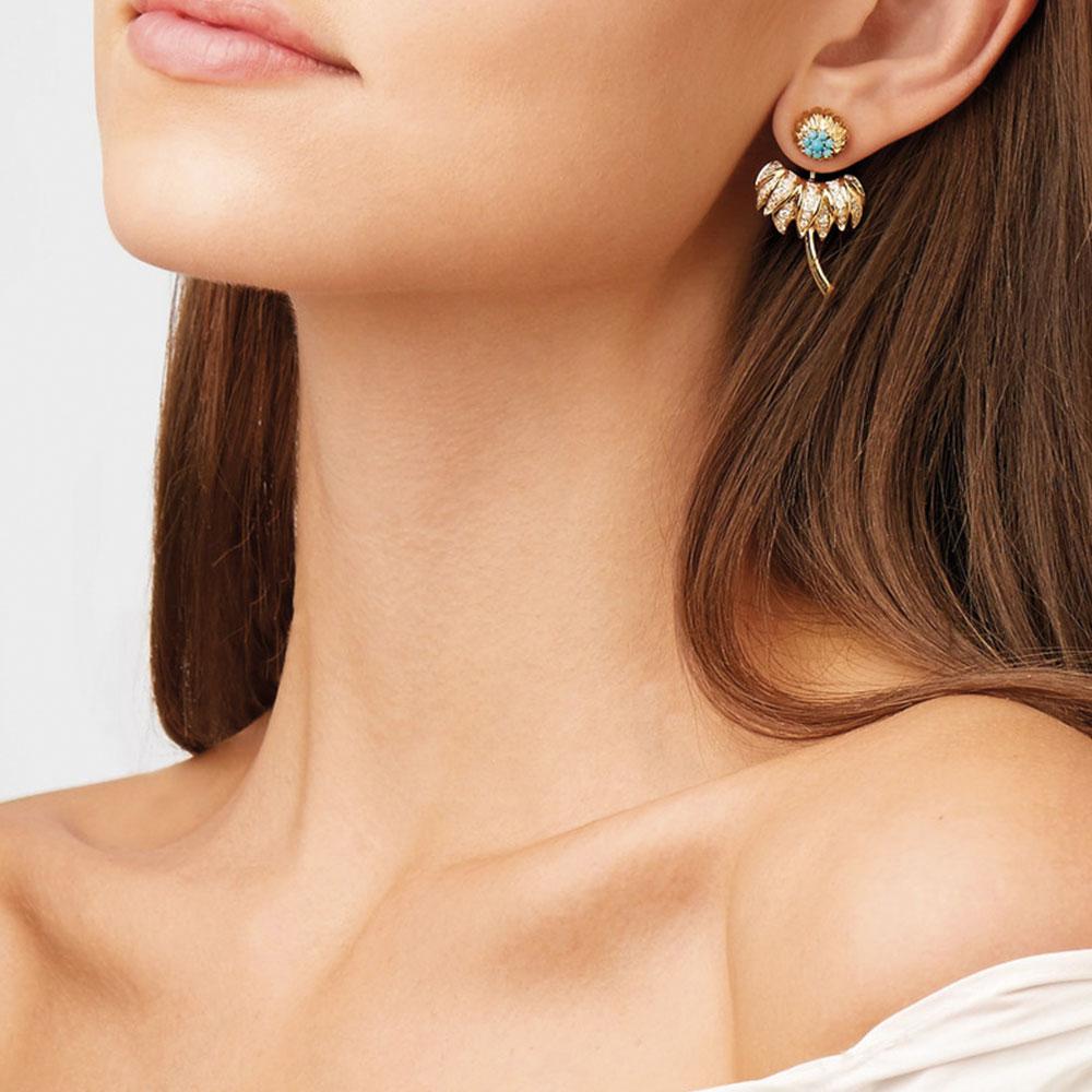 Women's or Men's Yvonne Leon's Dahlia Earring in 18 Carat Yellow Gold Turquoises Diamonds