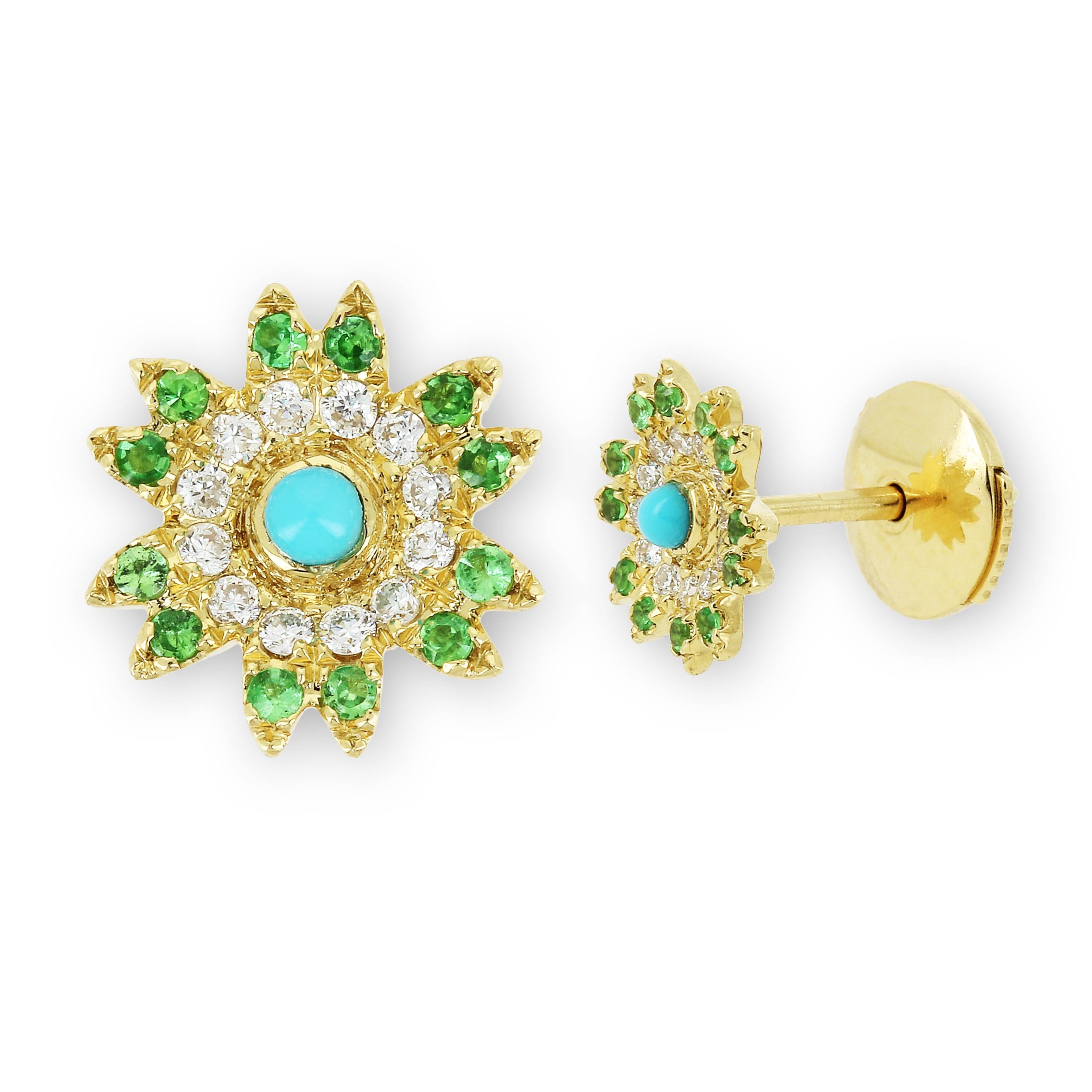 Stud and ear-jacket in 18K Yellow Gold
Stud: 1,1gr approx.
Diamonds 0,7ct approx.
Tsavorites 0,07ct approx.
Turquoise 0,015ct approx.

Ear-Jacket: 1,5gr approx.
Diamonds 0,20ct approx.
Tsavorites 0,15ct approx.
Turquoise 0,07ct approx.
Sold as a
